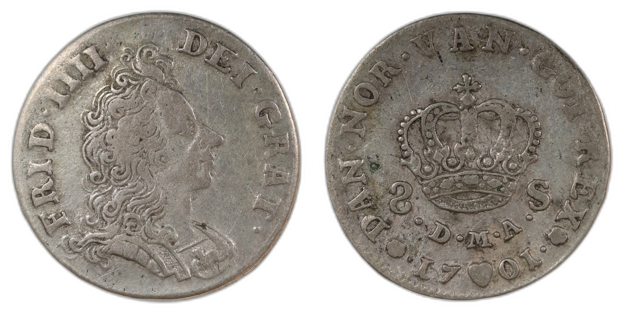 Danmark 8 Skilling 1701 Kv: 1/1+ (VF)