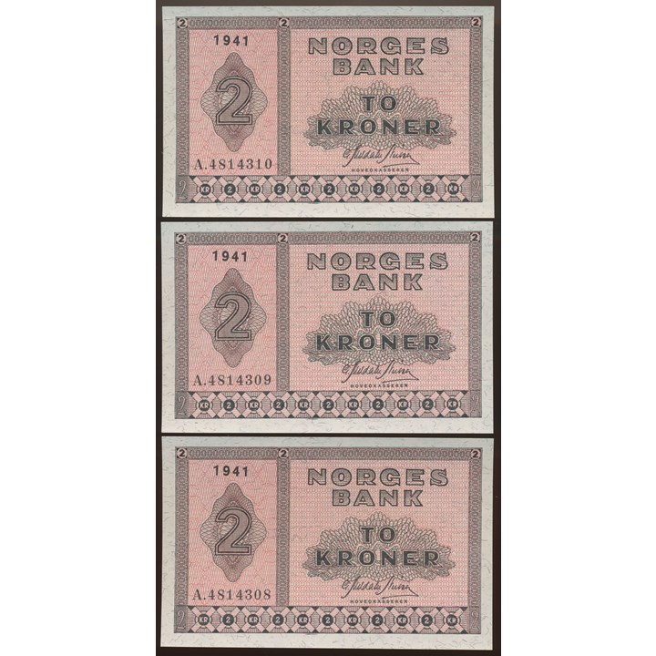 2 Kroner 1941 A, 3 Stk i nummerrekkefølge Kv 0