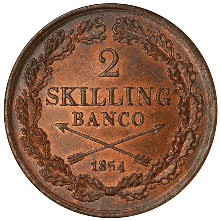 Sverige 2 Skilling Banco 1854 Kv 0/01, tynt riss