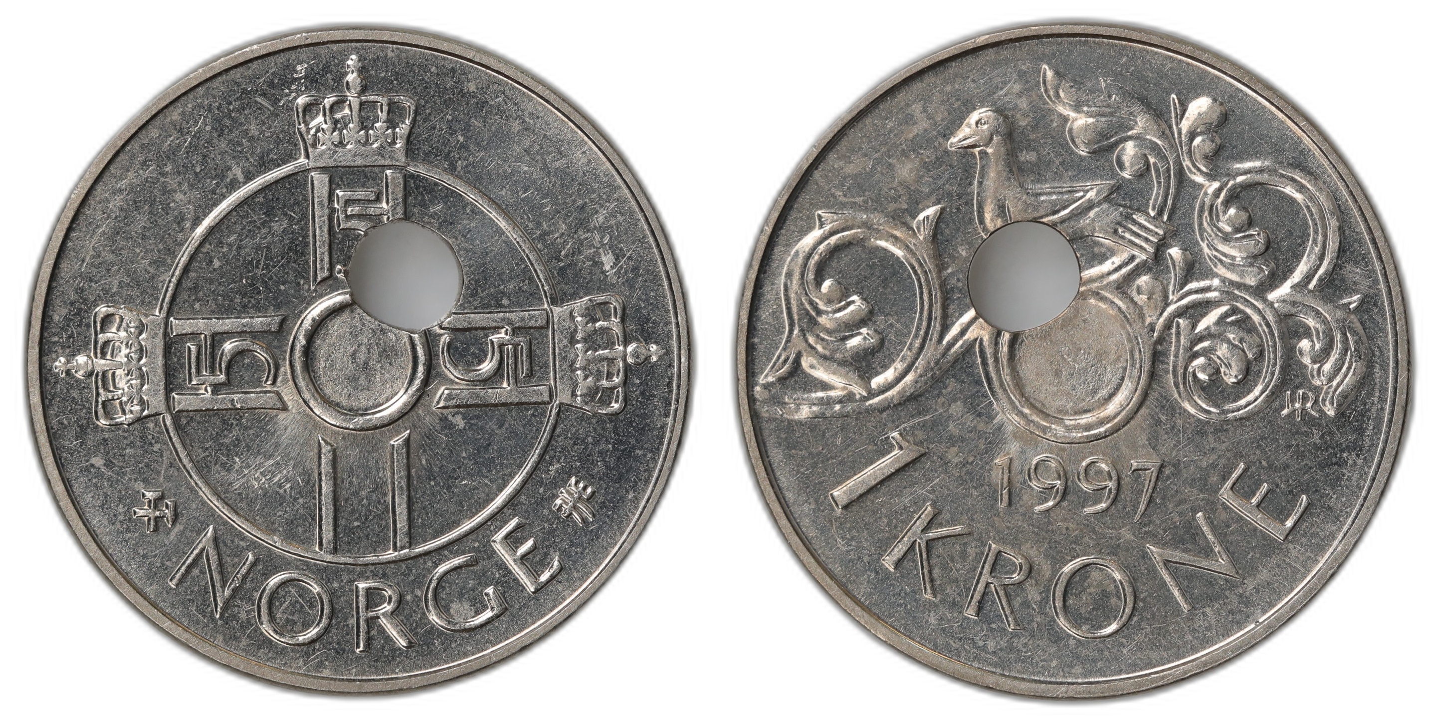 Norge 1 Krone 1997 Skjevt Hull Kv: 0/01