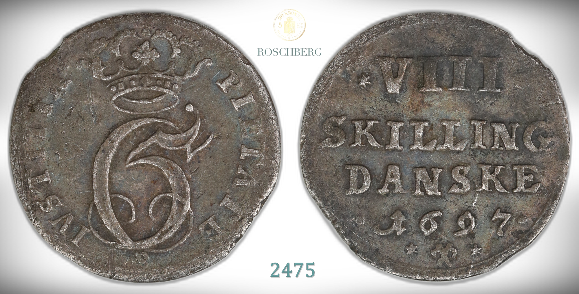Danmark, Glückstadt 8 Skilling 1697  Kv: 1+