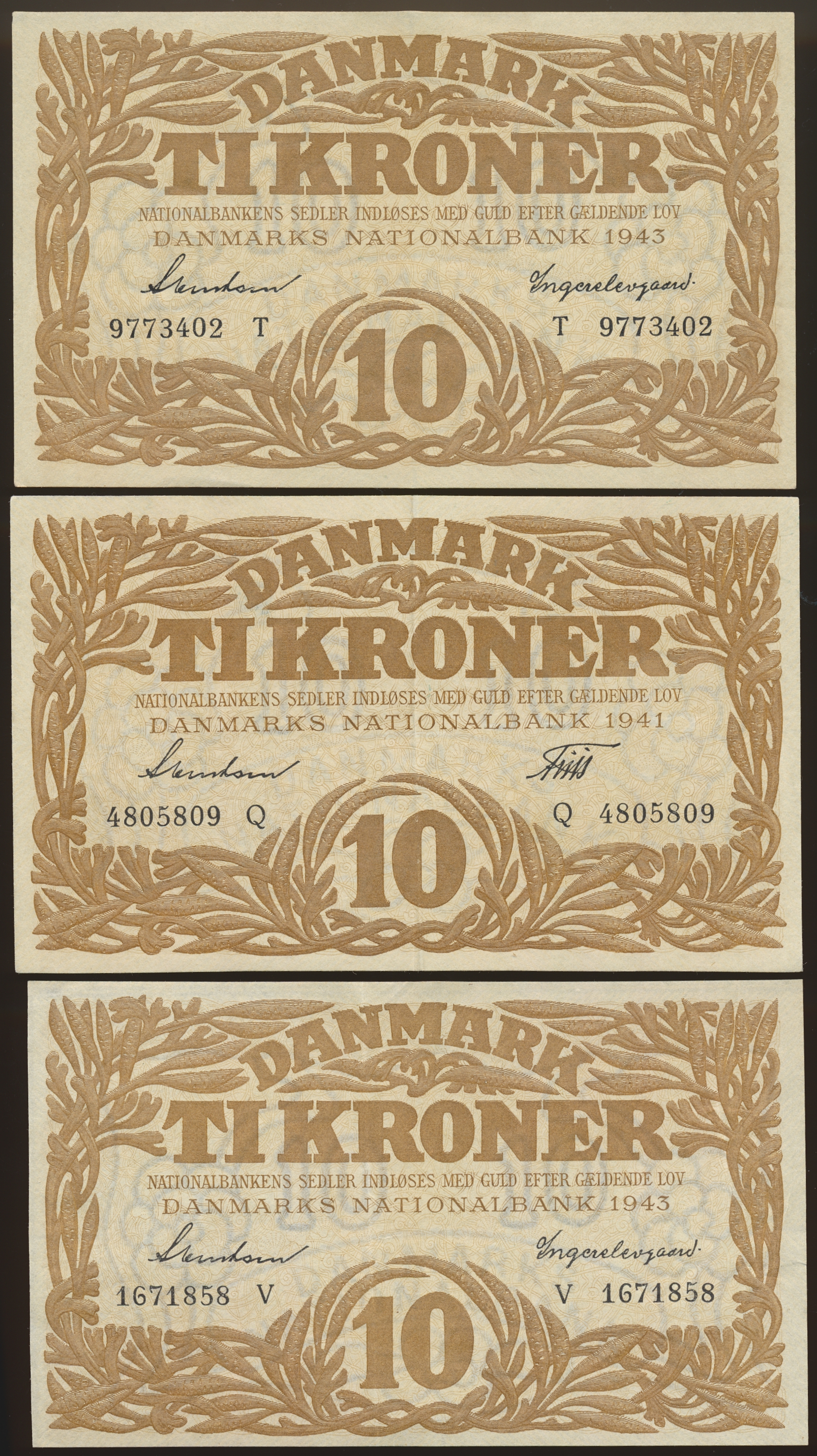 Danmark 10 Kroner 1941 Q, 1943 T og 1943 V. Kv 01, 1+/01 og 0/01