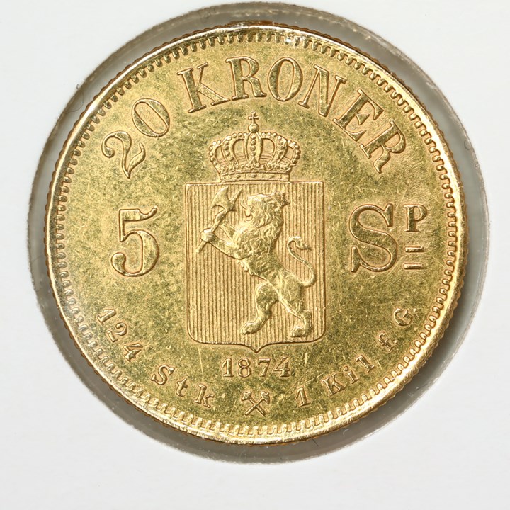 20 Kroner / 5 Sp. 1874 Kv 1+, anhengt