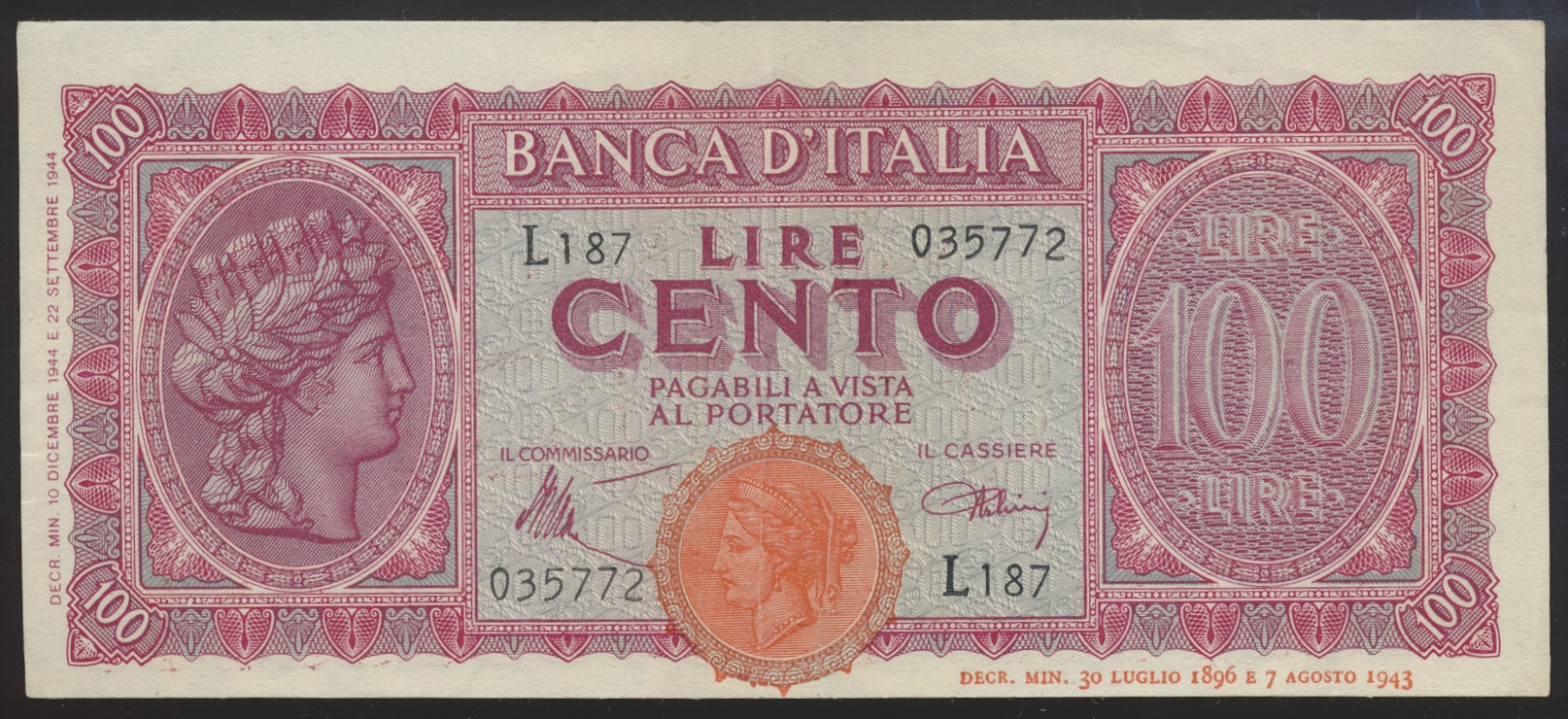 Italia 100 Lire 1944 Kv 1+/01