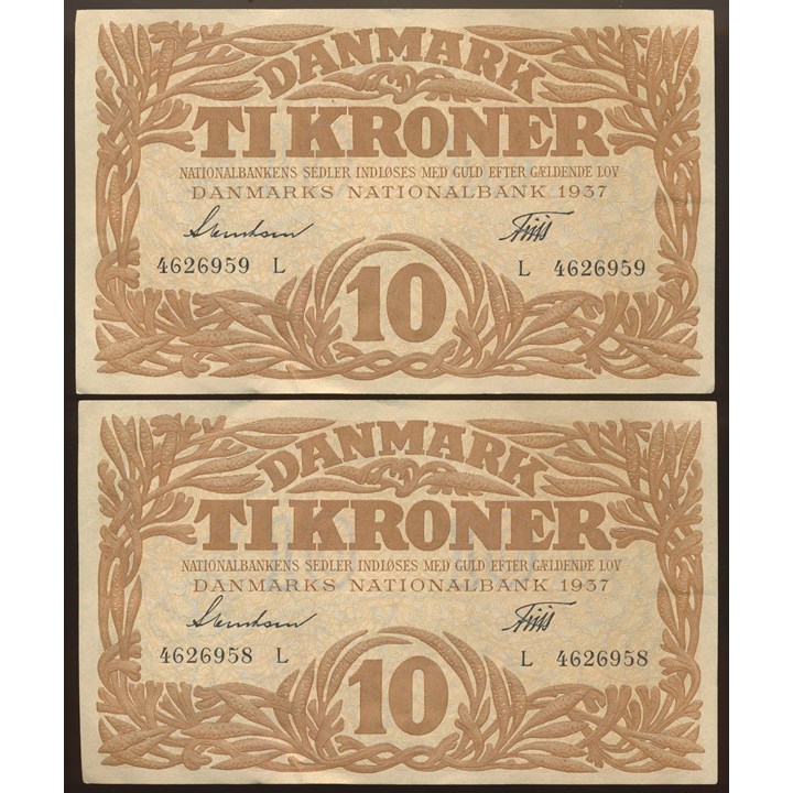 Danmark 10 Kroner 1937 L Kv 1+/01, 2 Stk i nummerrekkefølge