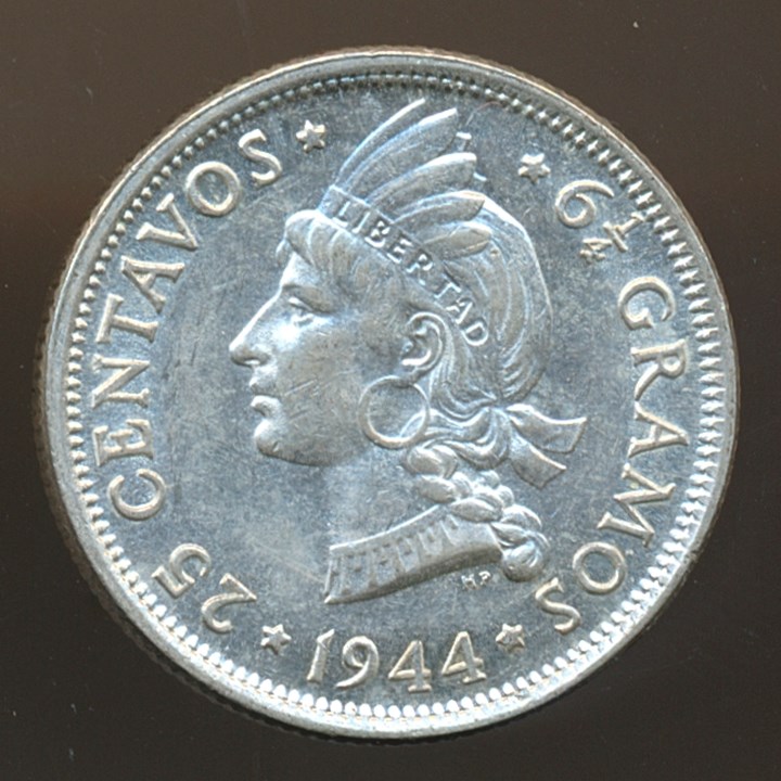 Dominican Republic 25 Centavos 1944 UNC