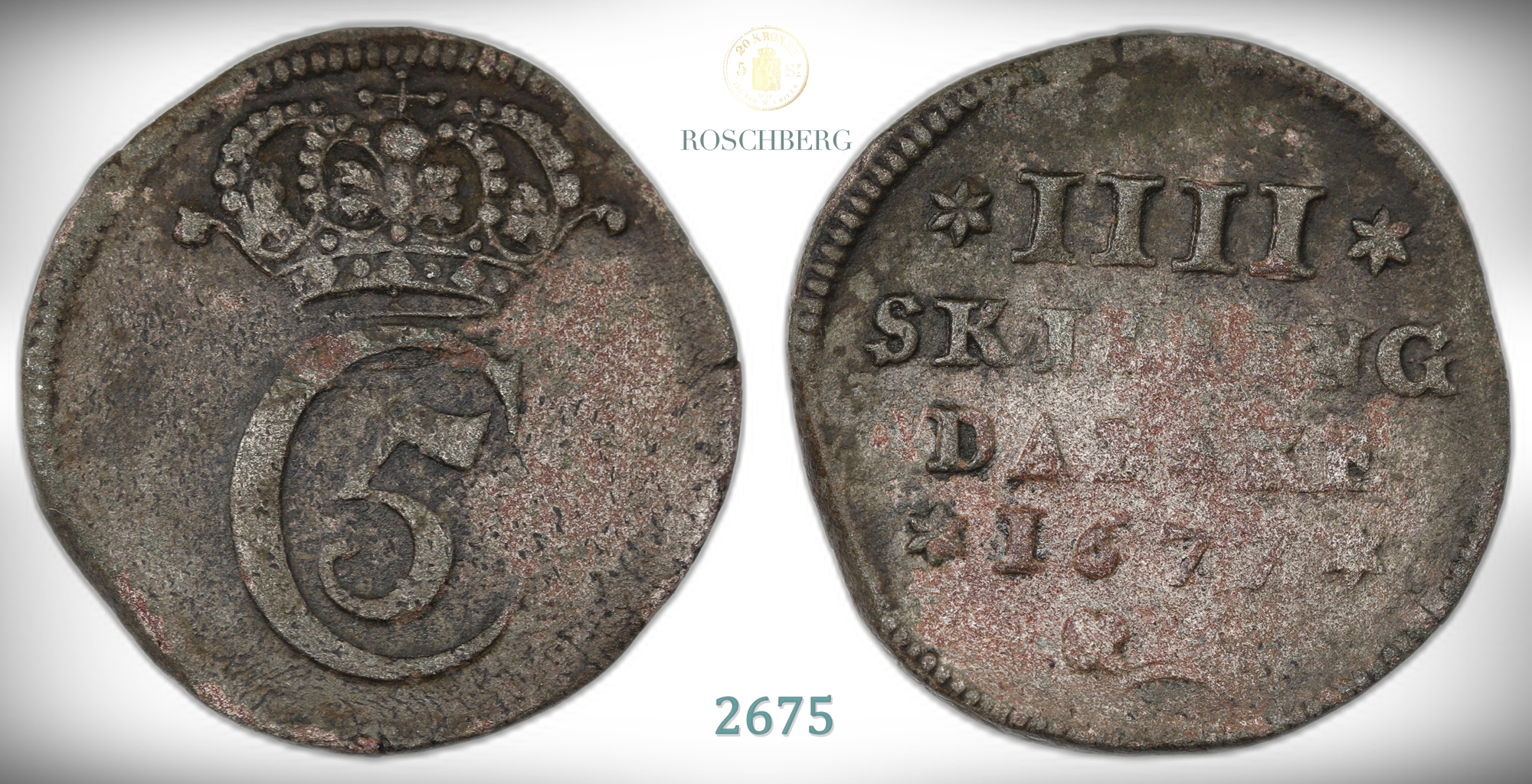 Norge 4 Skilling 1677 Grenaille Kv: 1+, korrodert