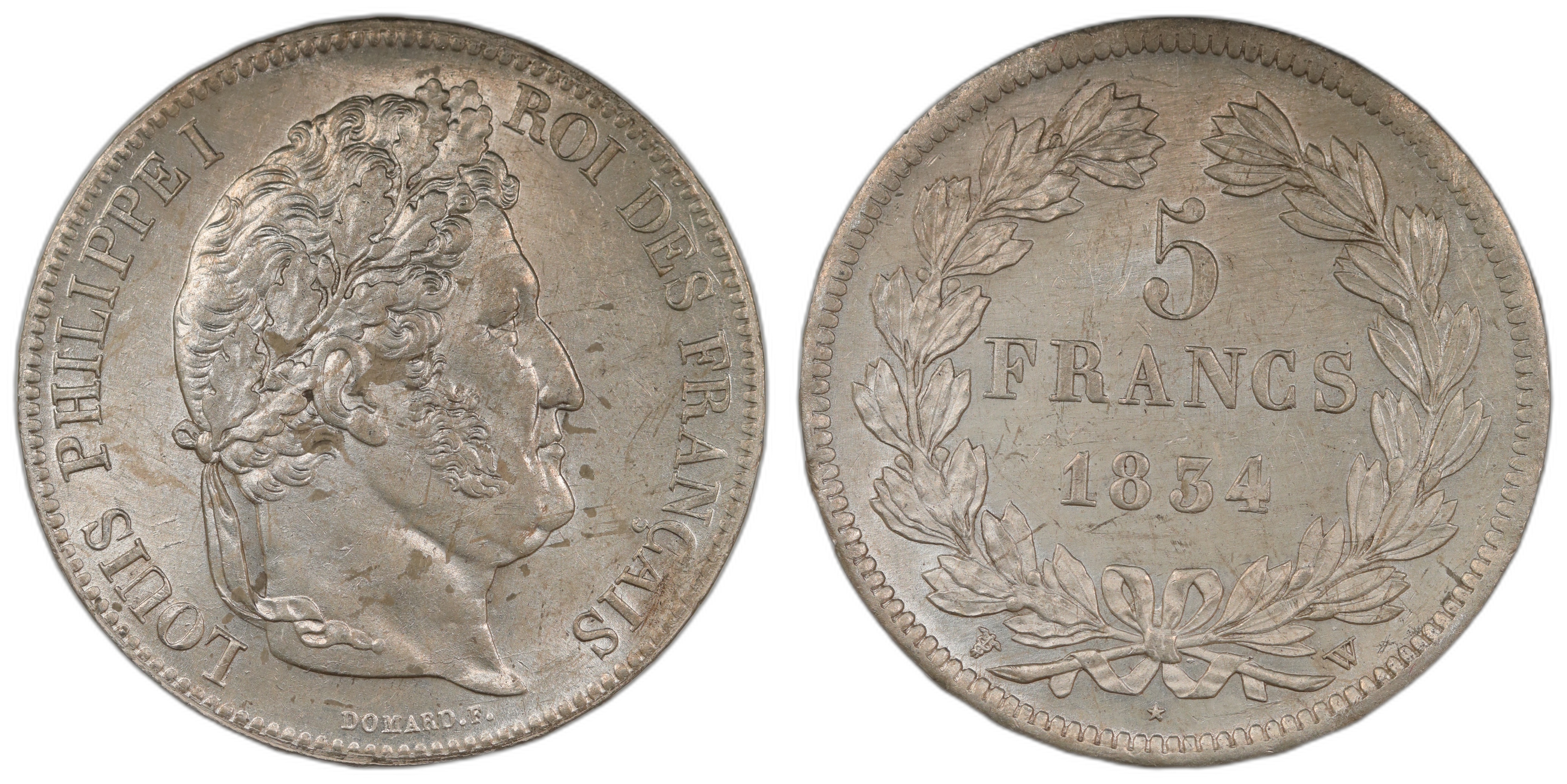 France 5 Francs 1834-W Kv UNC, Cleaned