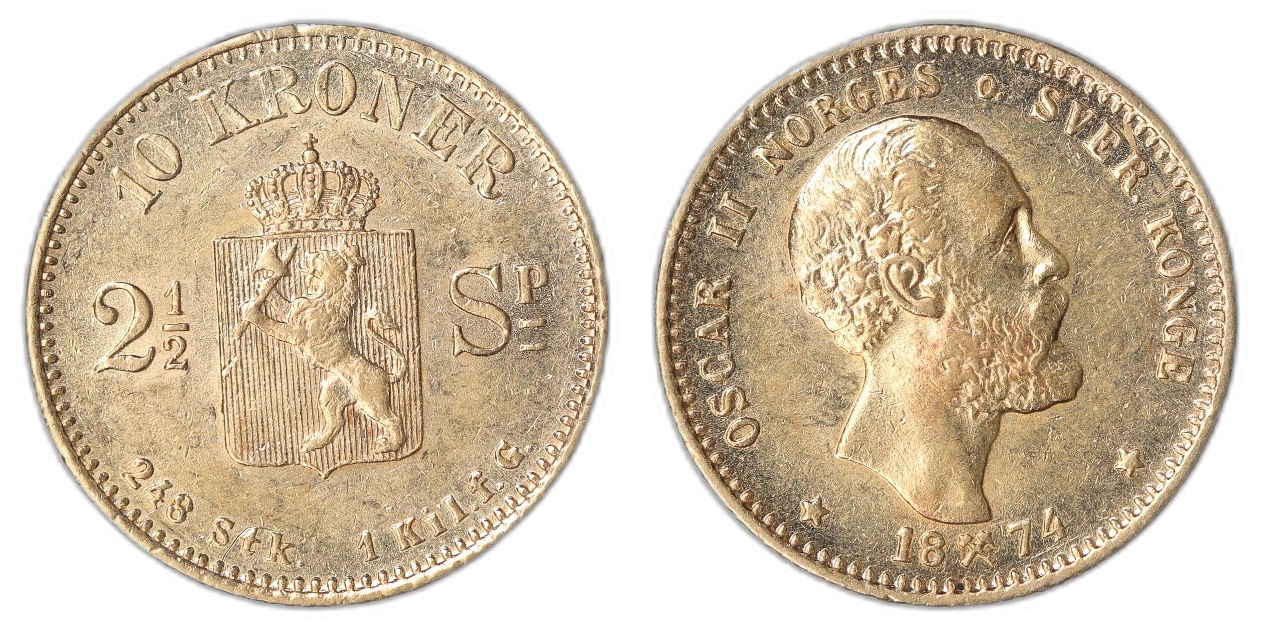 Norge 10 Kroner / 2.5 Spd 1874 4.04 gr fine Kv: 01