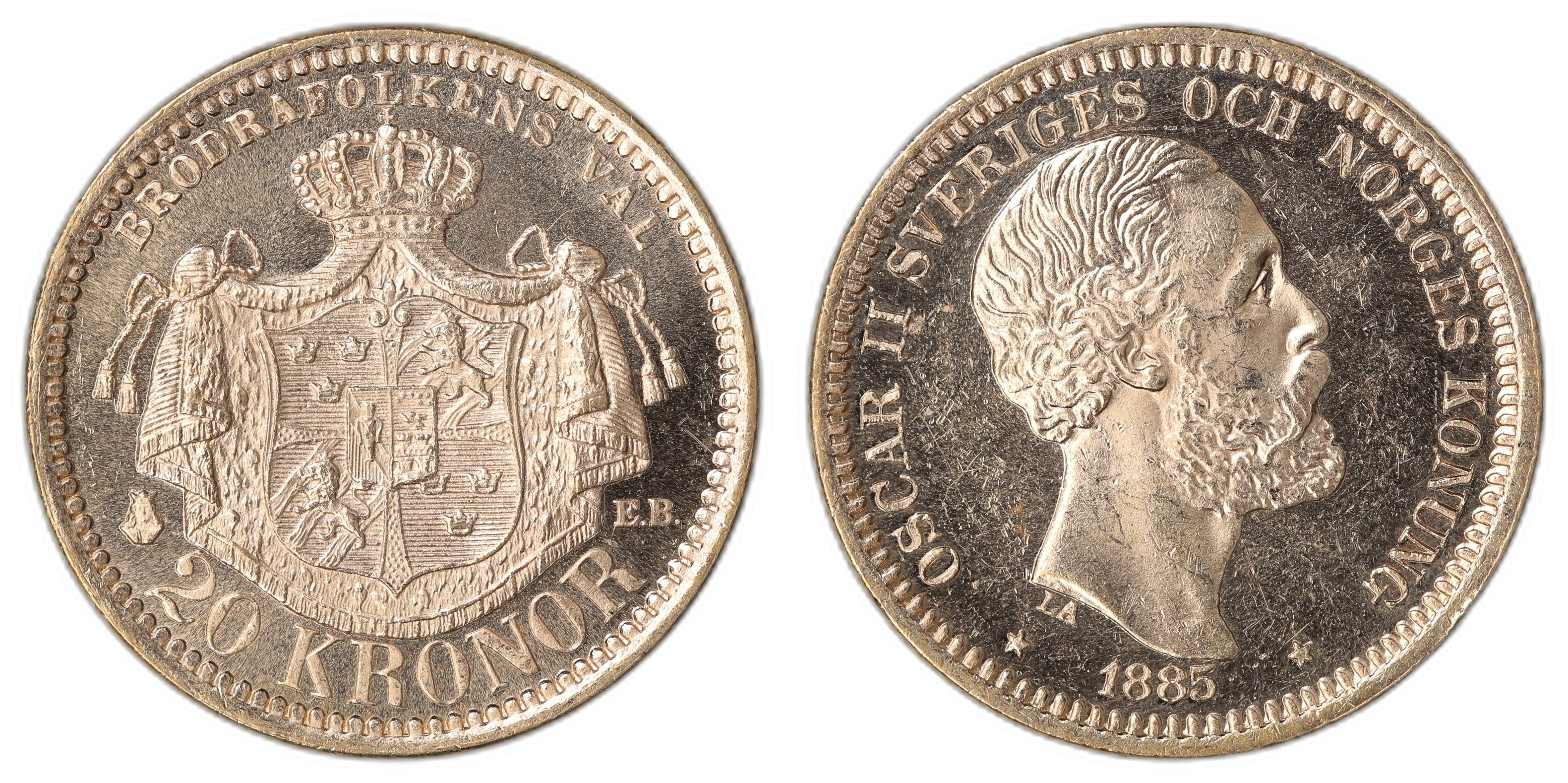 Sweden 20 Kronor 1885 8.08 gr fine Kv: 0/01