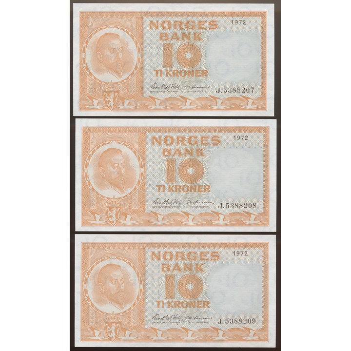 10 Kroner 1972 J, 3 Stk i Nummerrekkefølge Kv 0 (UNC)