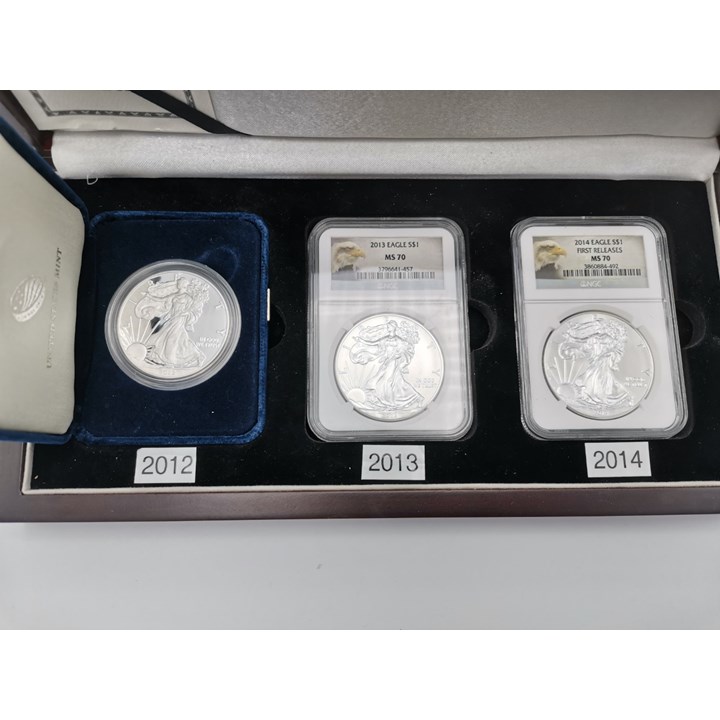 USA Silver Eagle 2012, 2013 og 2014. Kv. Proof, PCGS MS70 og PCGS MS70