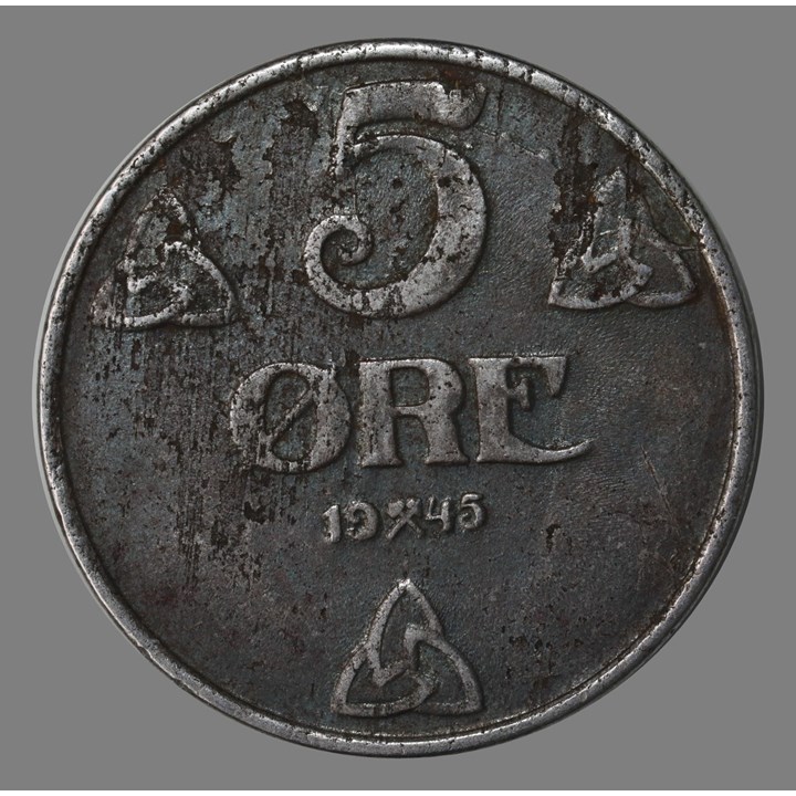 5 Øre 1945 Kv 1/1+, korrodert