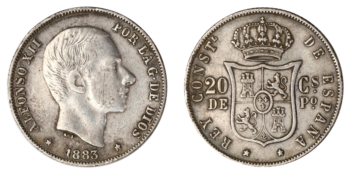Spanish Philippines 20 Centimos 1883 XF