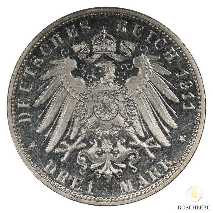 Germany - Wurttemberg 3 Mark 1911-F Kv Proof