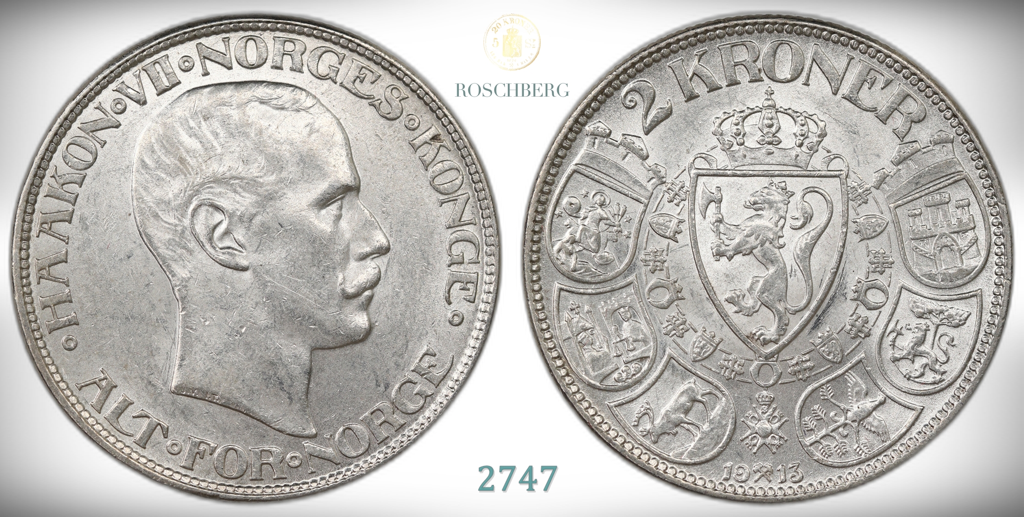 Norge 2 Kroner 1913  Kv: 01
