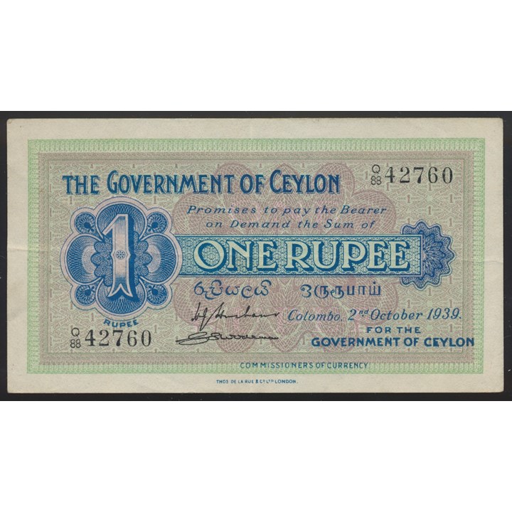 Ceylon 1 Rupee 1939 Kv 1/1+ (XF)