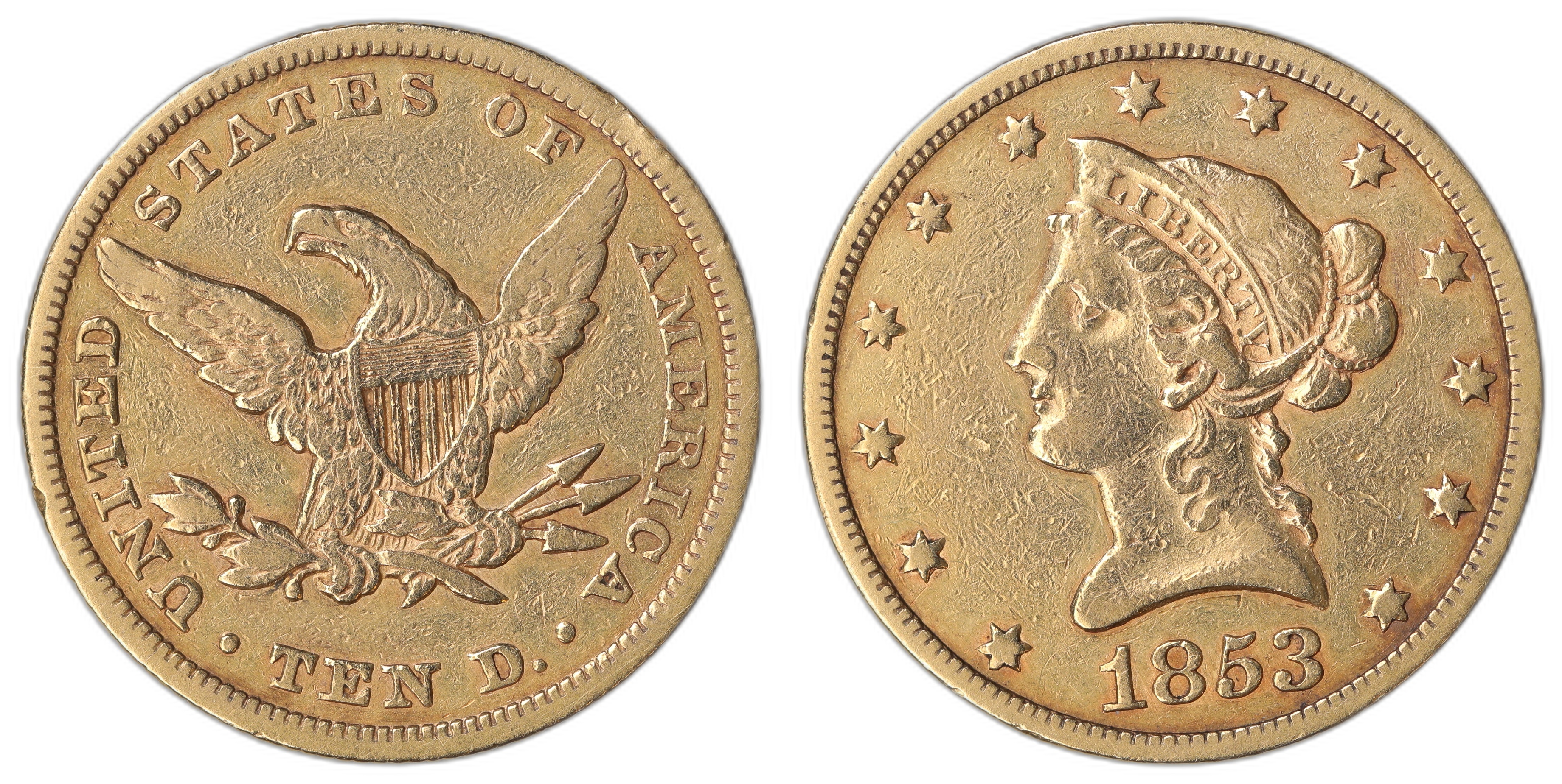 USA 10 Dollar 1853 15.04 gr fine Kv: VF