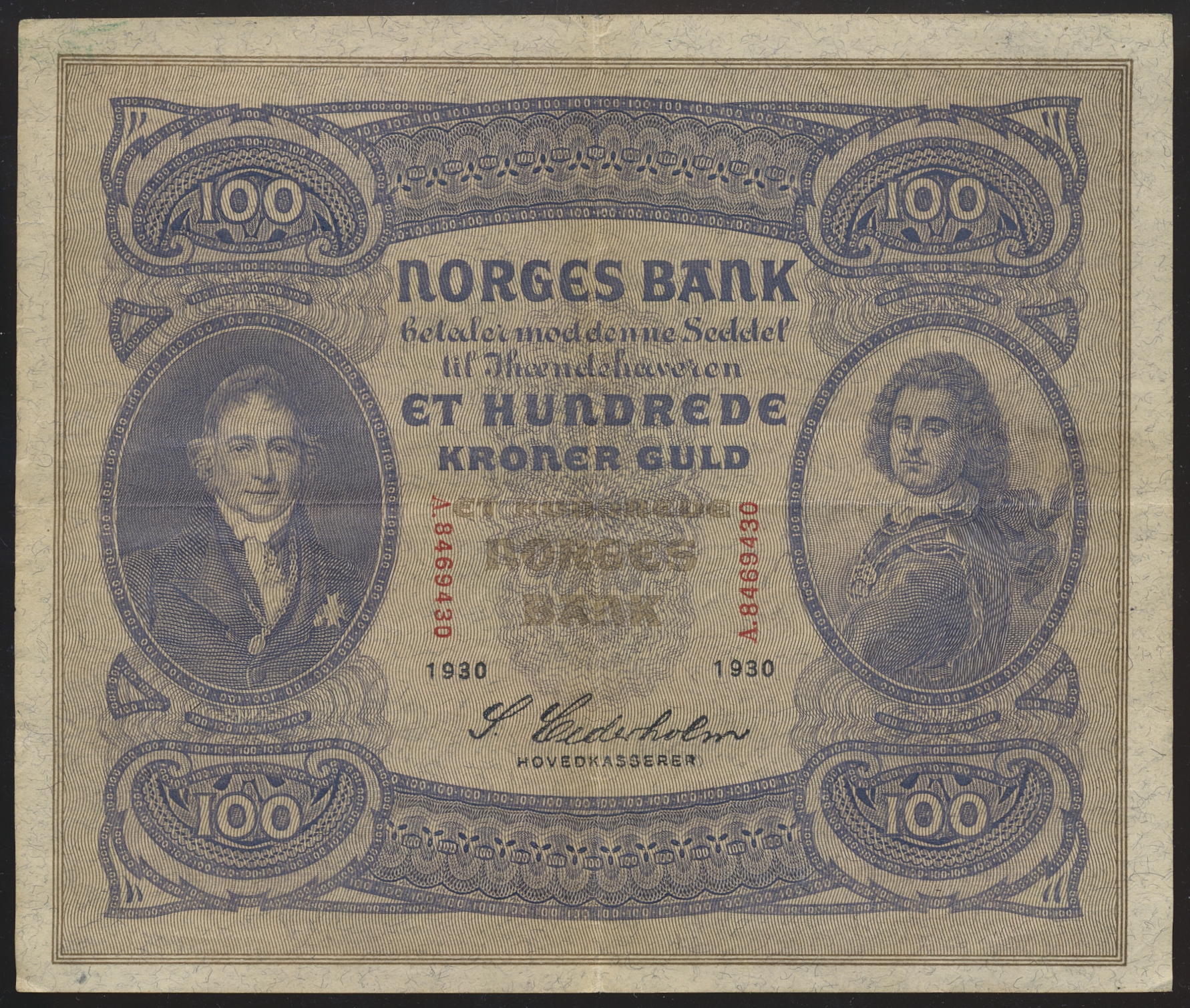 Norge 100 Kroner 1930 A  Kv: 1/1+