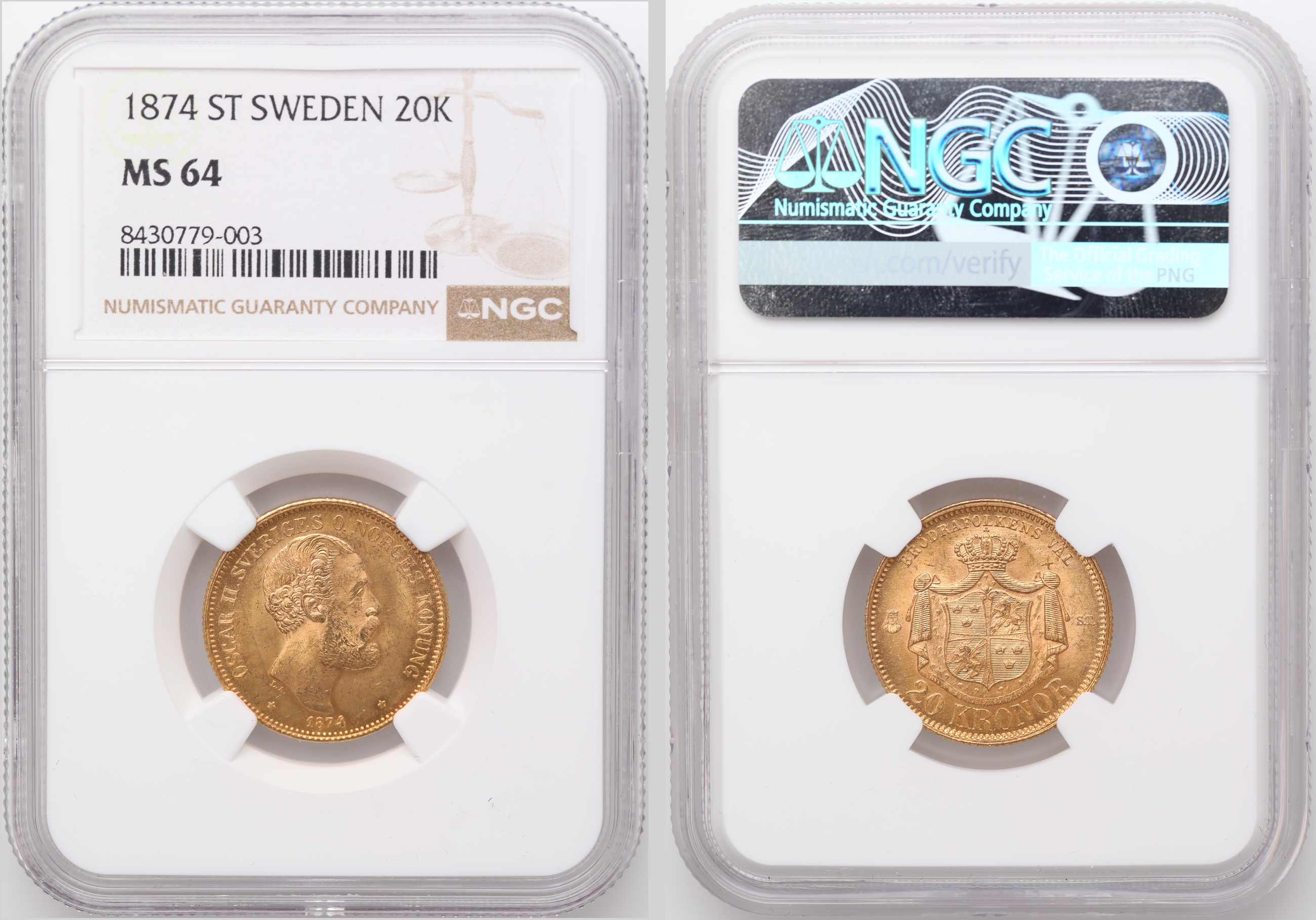 Sverige 20 Kronor 1874  Kv: NGC MS64
