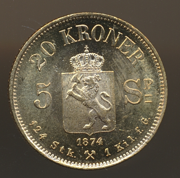 20 Kroner/5 Spd 1874 Kv 0/01