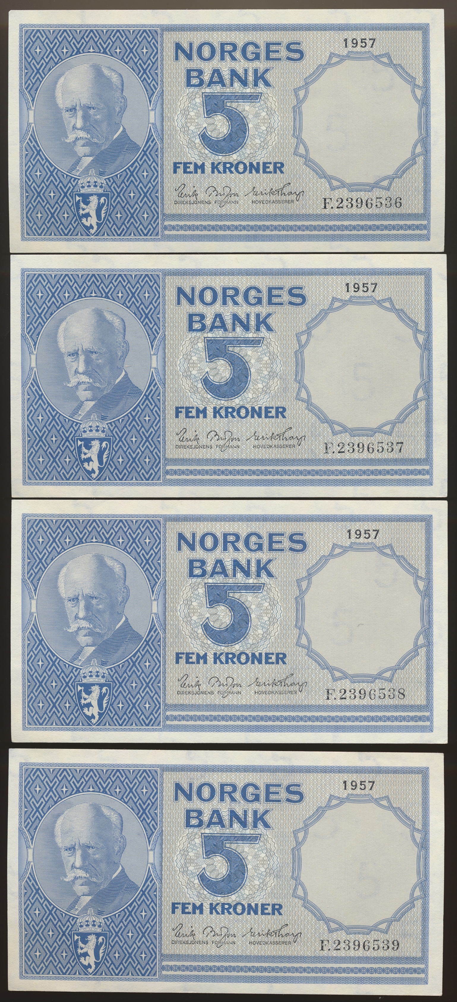 5 Kroner 1957 F, 4 Stk i Nummerrekkefølge Kv g01