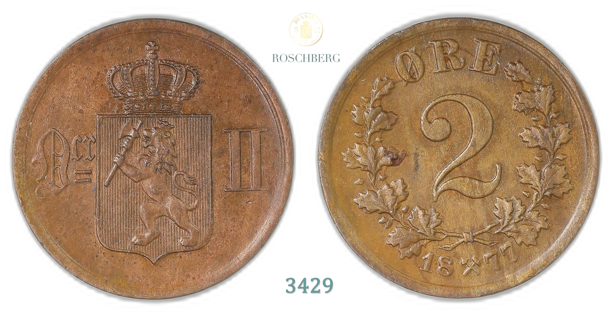 Norge 2 Øre 1877  Kv: 01