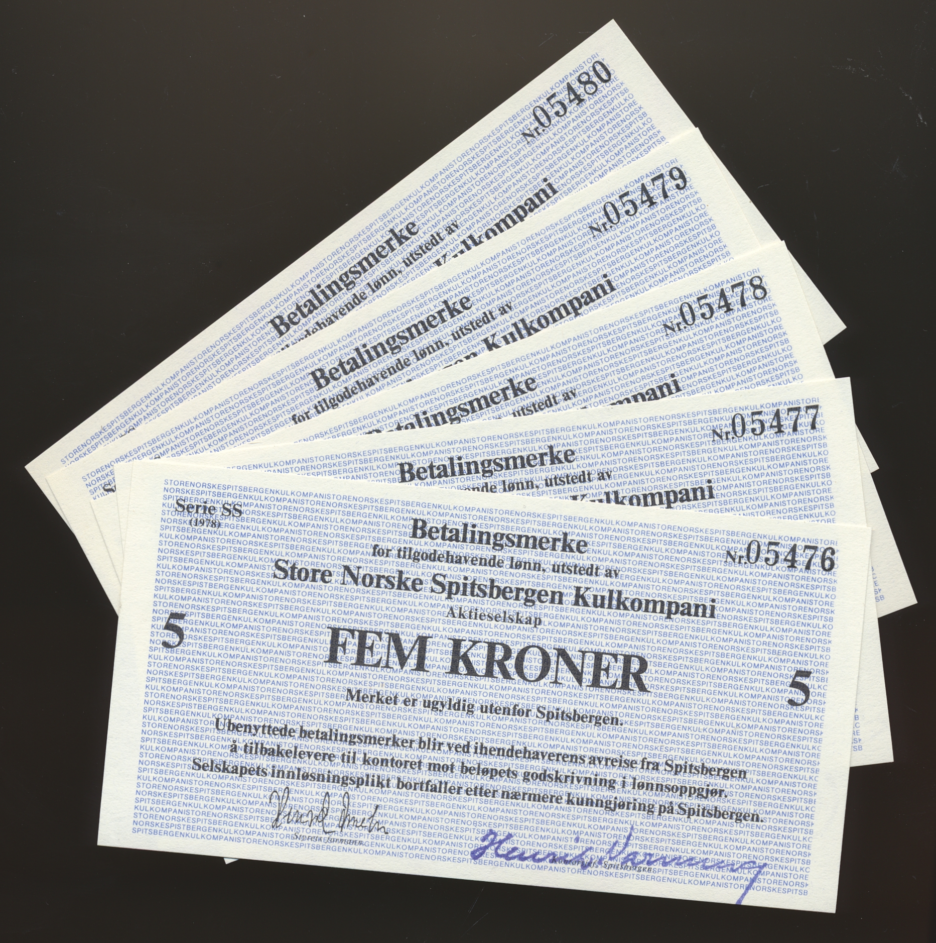 SNSK 5 Kroner 1978 SS, 5 Stk. i nummerrekkefølge, Kv 0 (UNC)