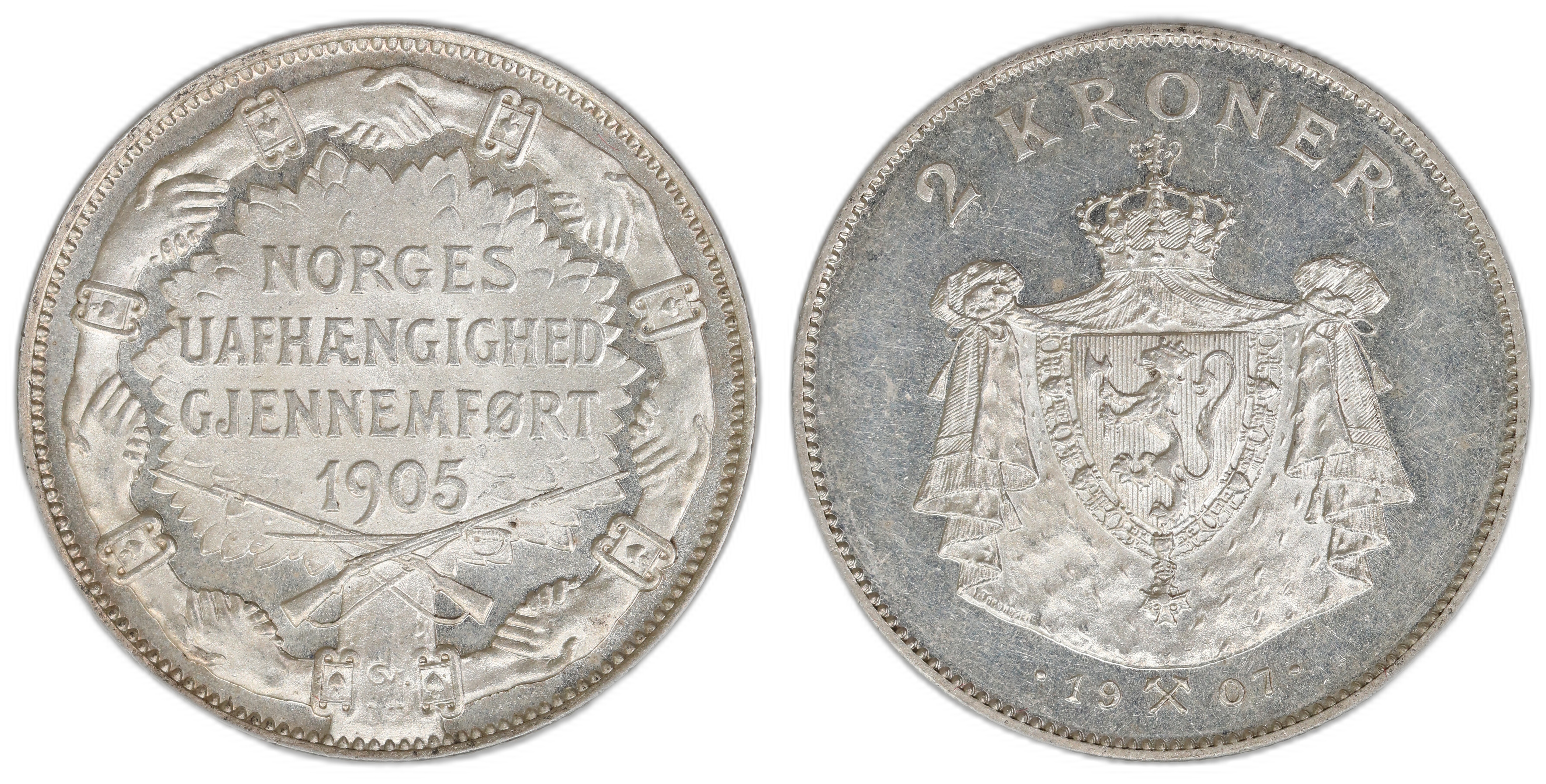 Norge 2 Kroner 1907 Gevær Kv: 0/01