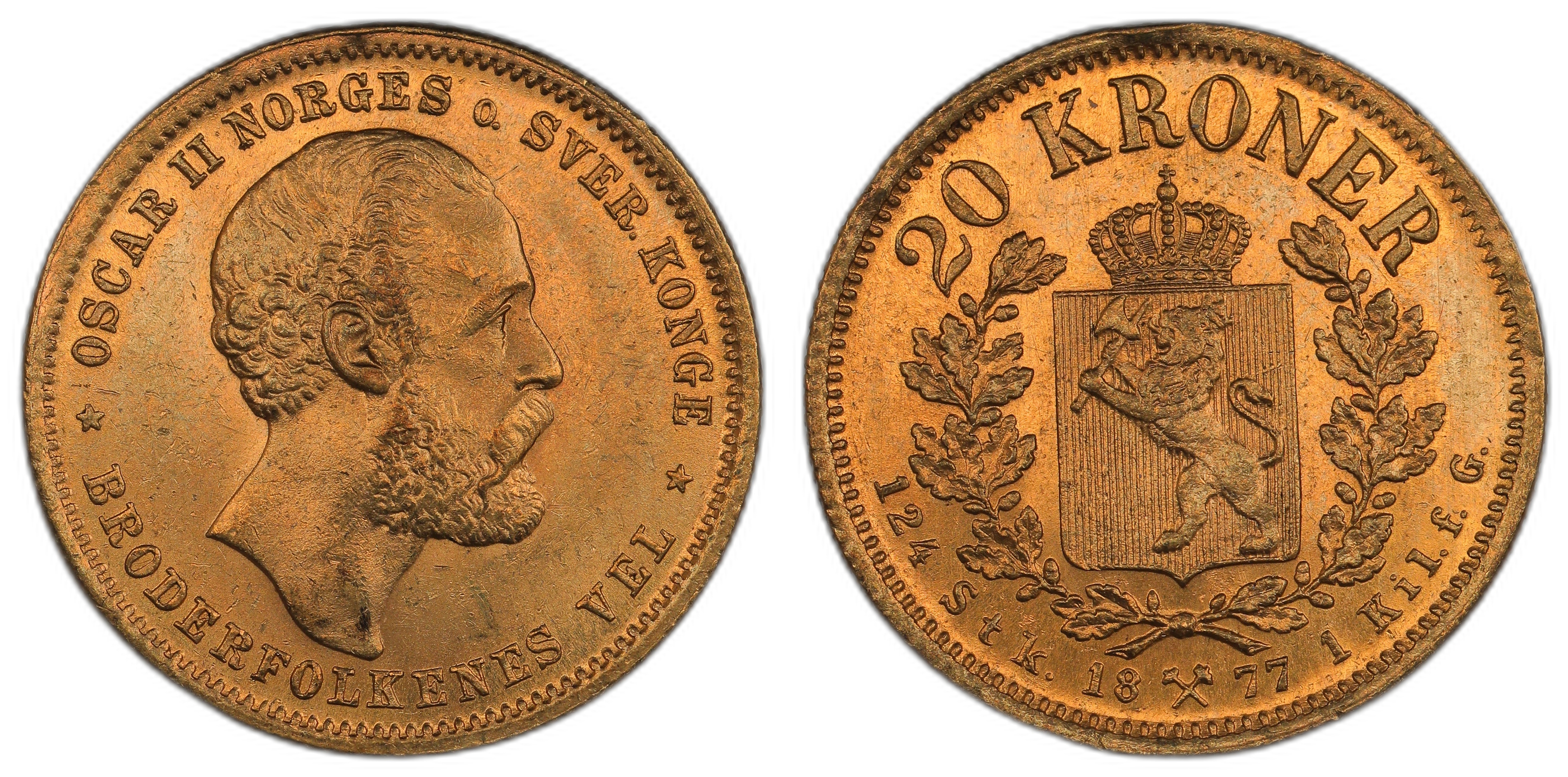 Norge 20 Kroner 1877 Kv: 0/01, kanthakk