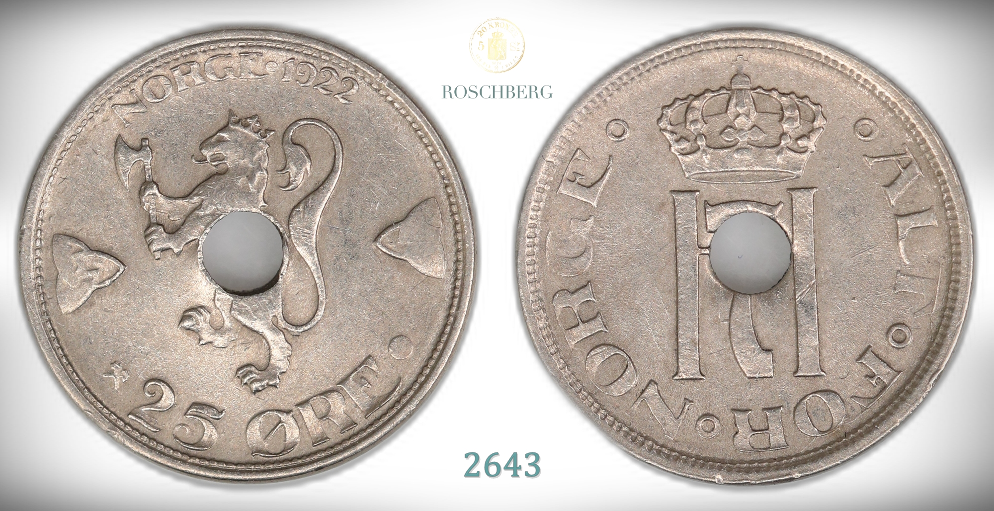 Norge 25 Øre 1922 Med Hull Kv: 1+/01