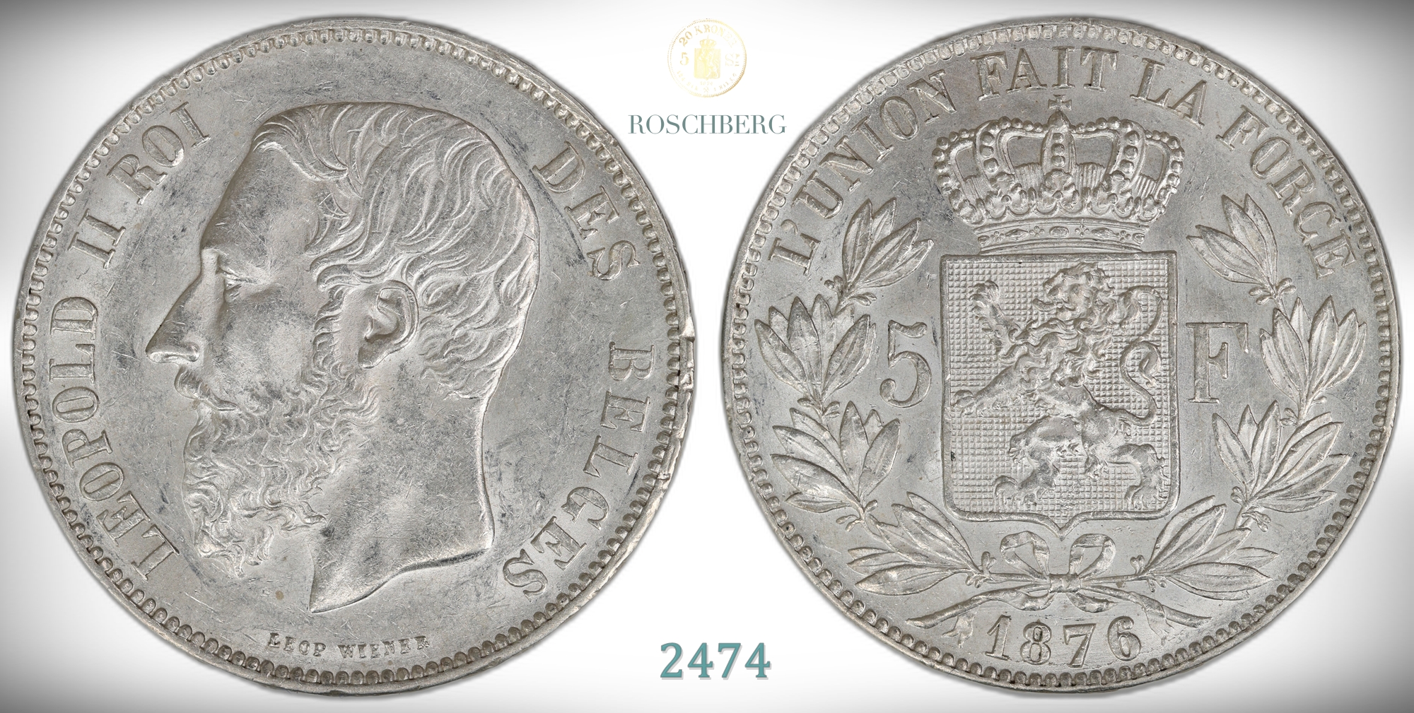 Belgium 5 Francs 1876-A  Kv: 01 (UNC)