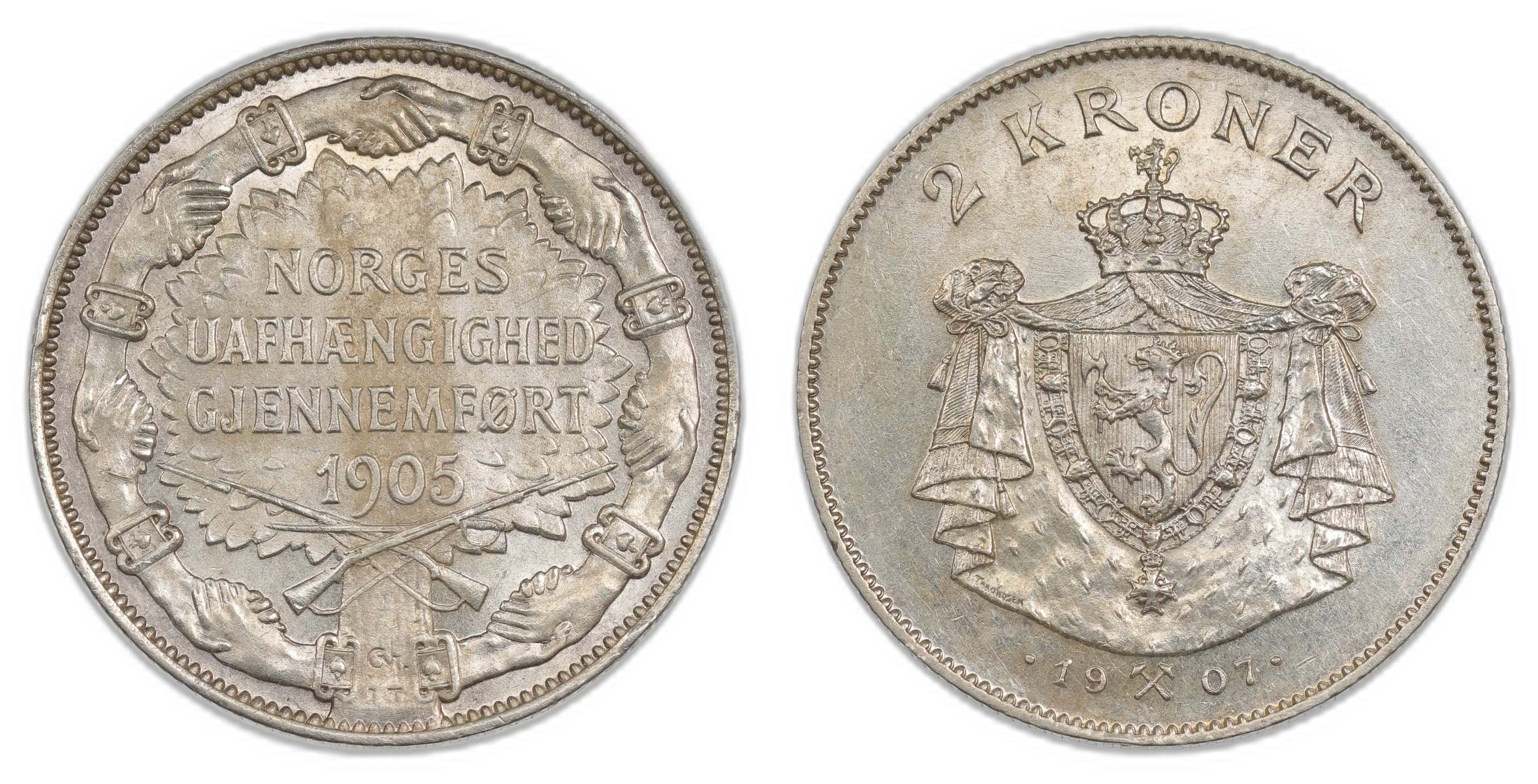 Norge 2 Kroner 1907 Gevær Kv 01
