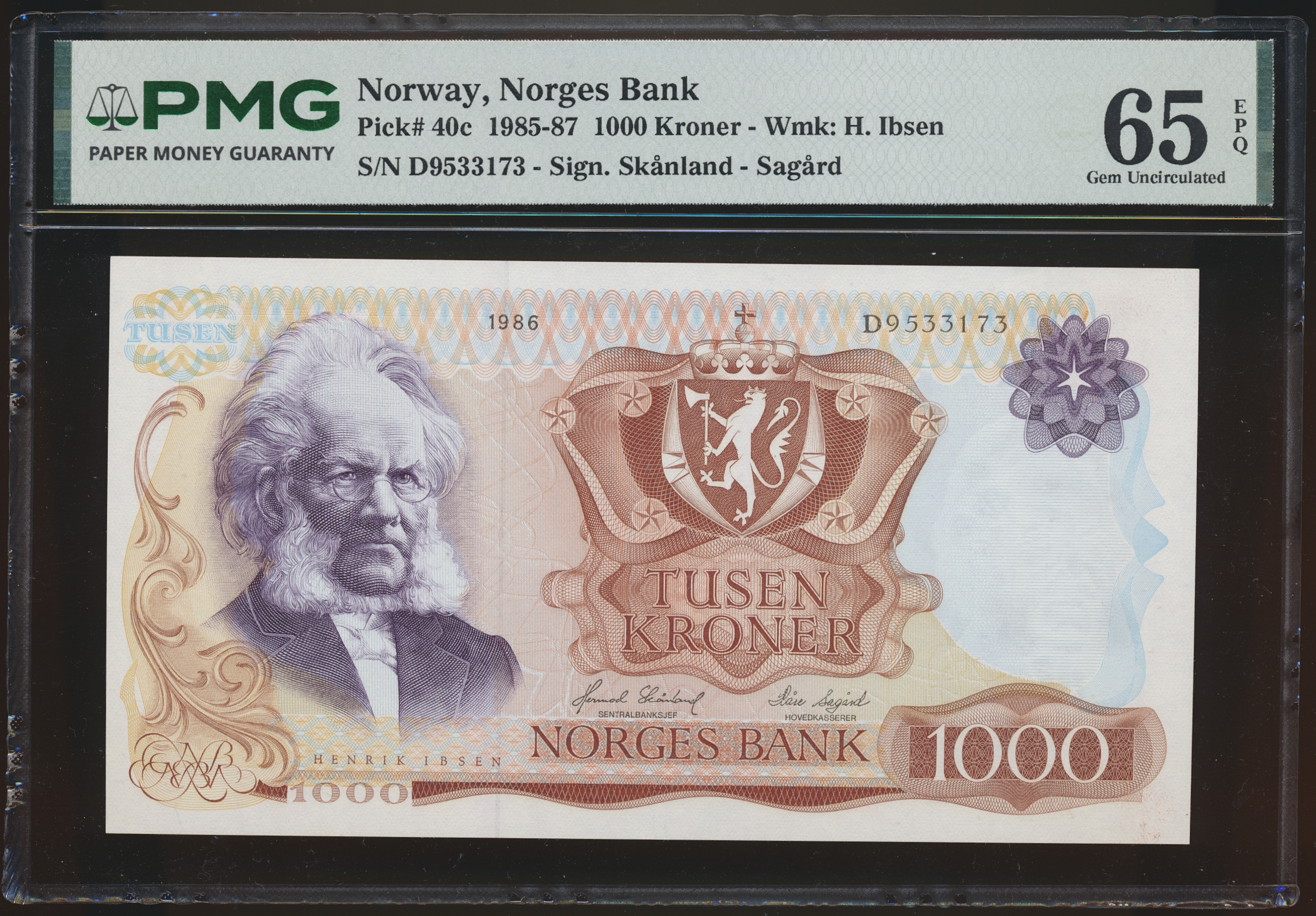 OKT26-2962 Norge 1000 Kroner 1986 D  Kv: PMG 65 EPQ