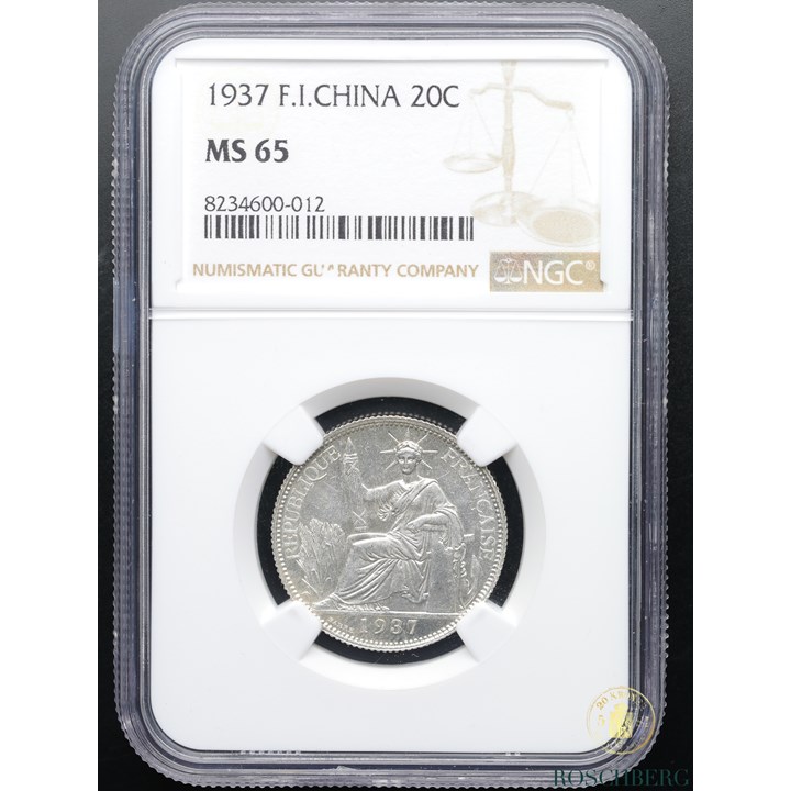 F.I. China 20 Cents 1937 Kv NCG MS65