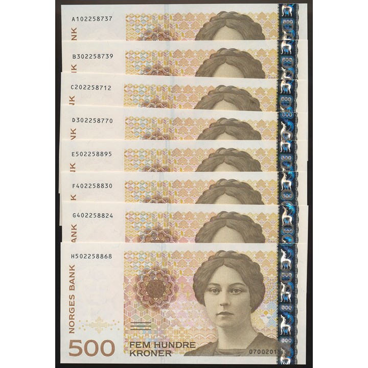 500 Kroner 2015 Komplett på litra A-H Kv 0