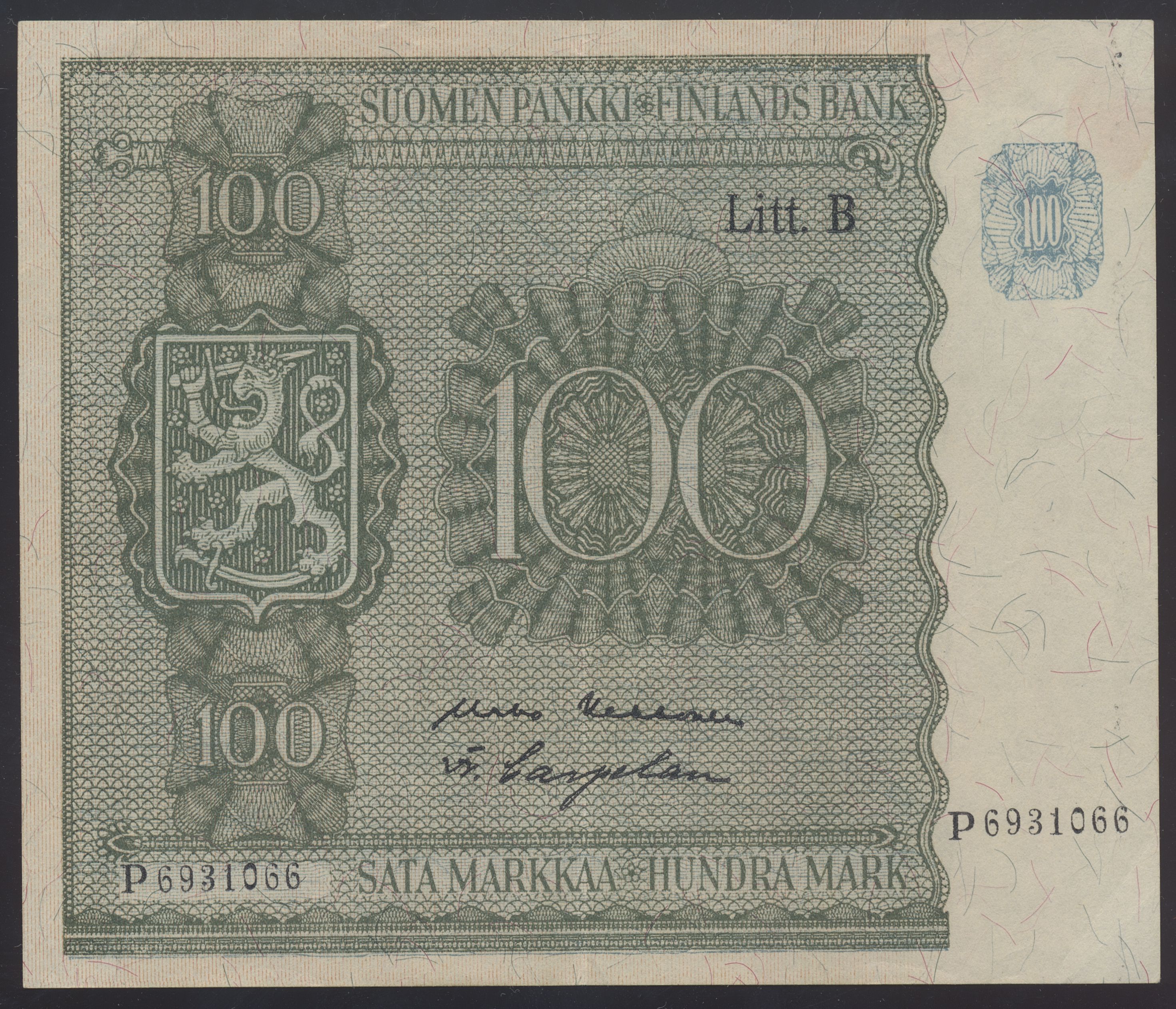 Finland 100 Markkaa 1945 Litt B Kv 01 (AU)