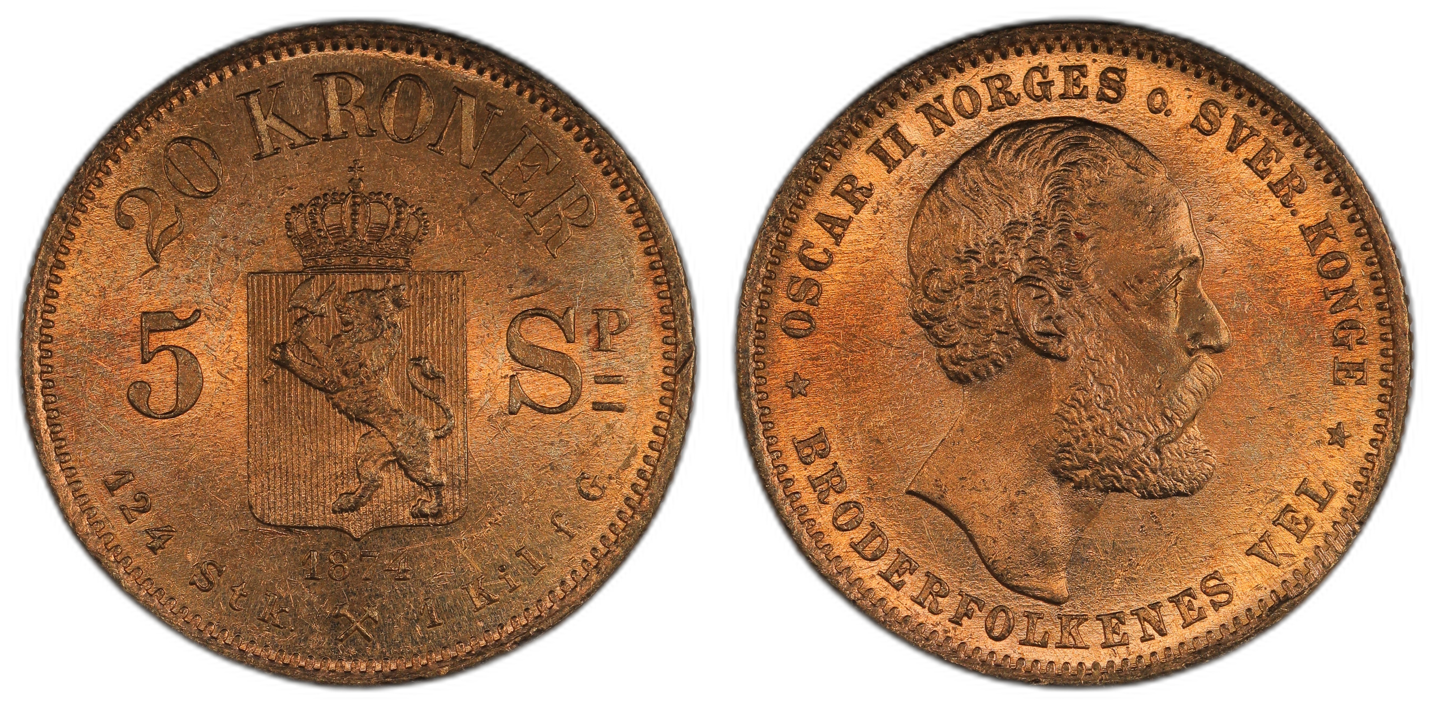 Norge 20 Kroner / 5 Sp. 1874 Kv: 0/01