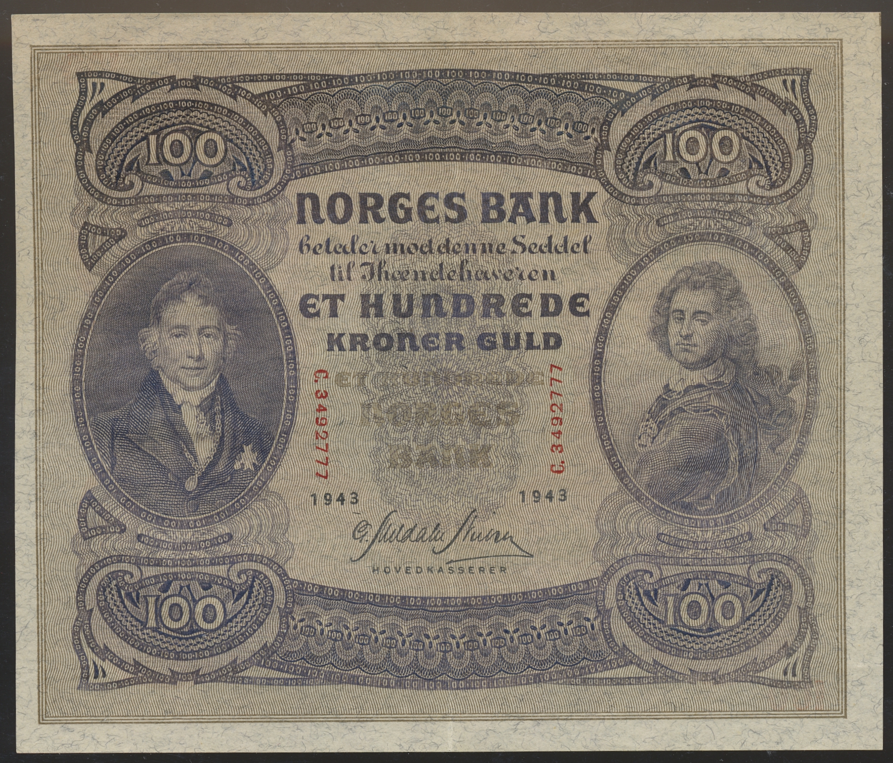100 Kroner 1943 C Kv 1+/01 (XF/AU)