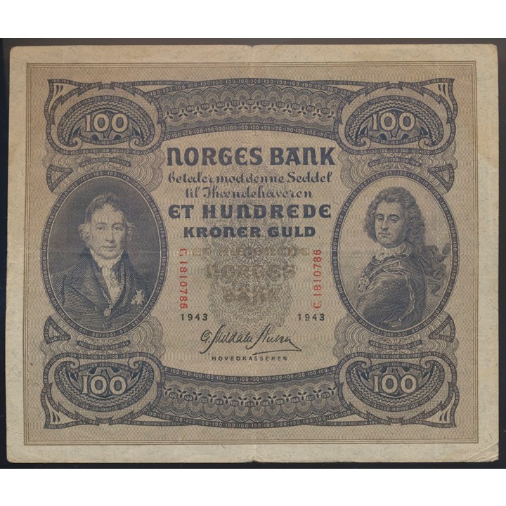 100 Kroner 1943 V Kv 1/1+, flekk