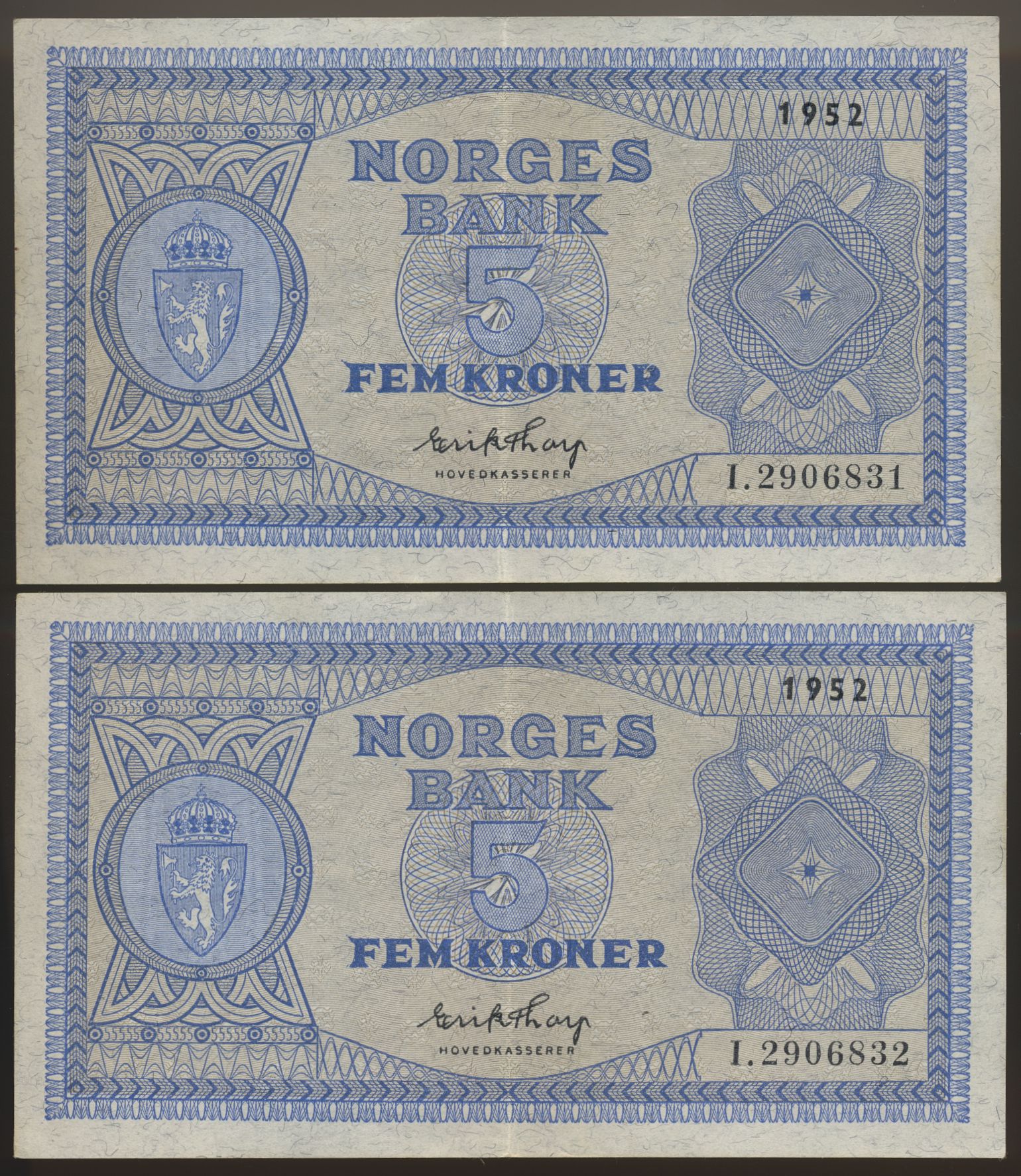 5 Kroner 1952 I, 2 Stk i nummerrekkefølge Kv 01