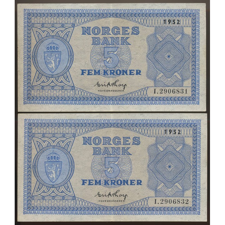 5 Kroner 1952 I, 2 Stk i nummerrekkefølge Kv 01