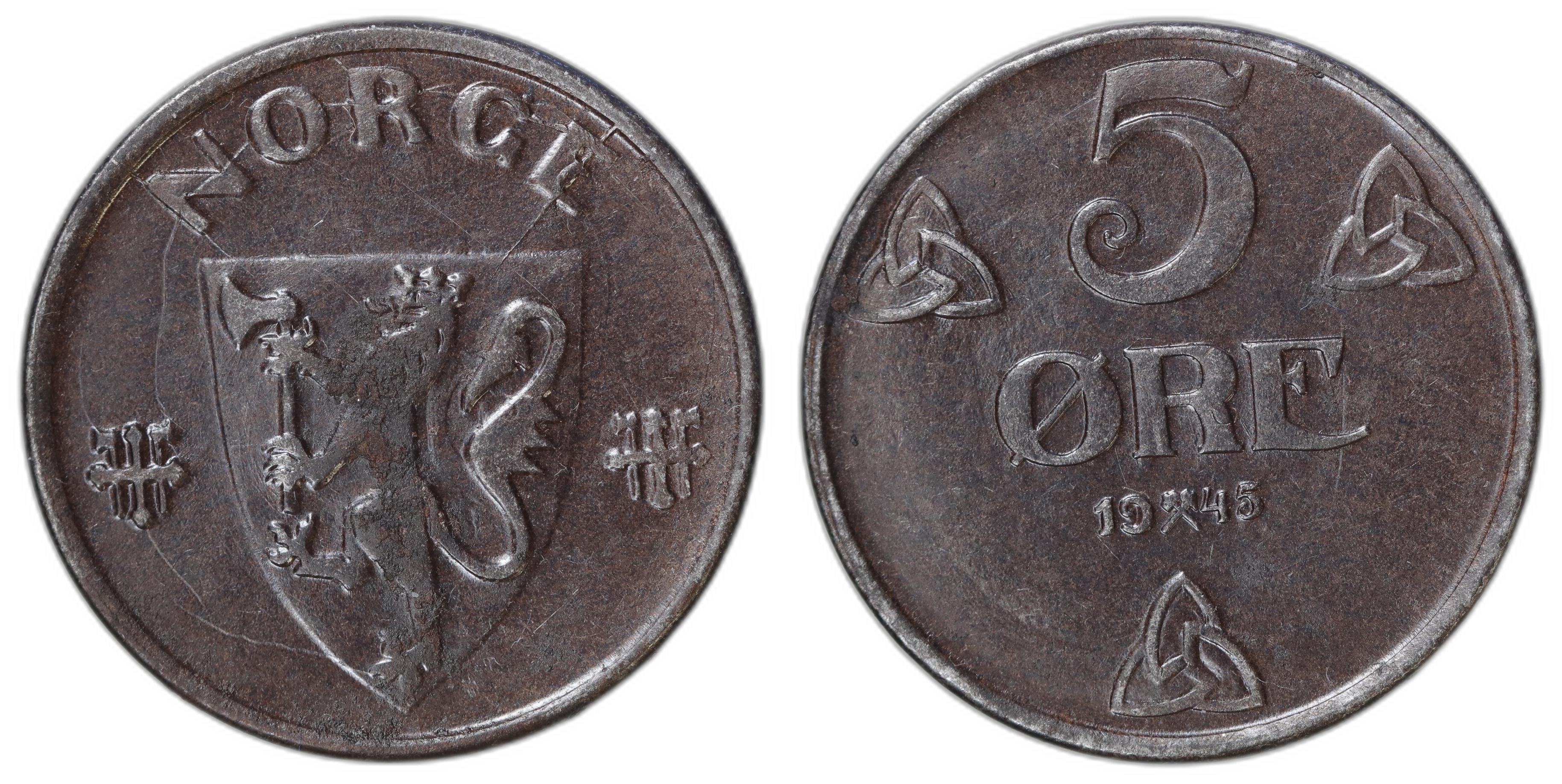 Norge 5 Øre 1945 Kv: 01, litt rust