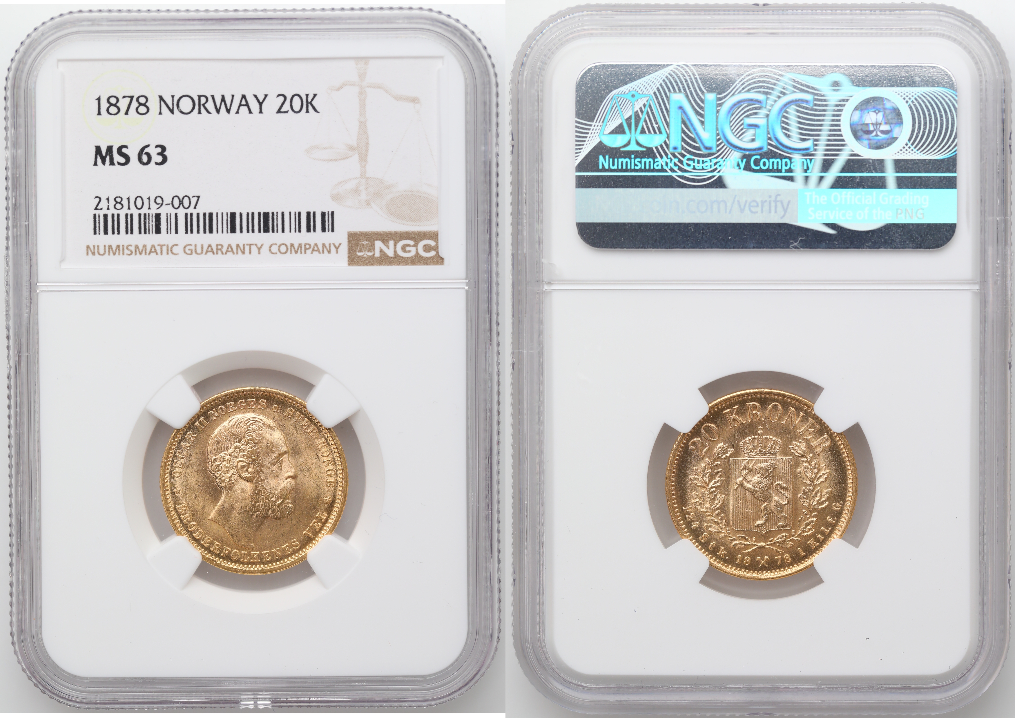 Norge 20 Kroner 1878  Kv: NGC MS63