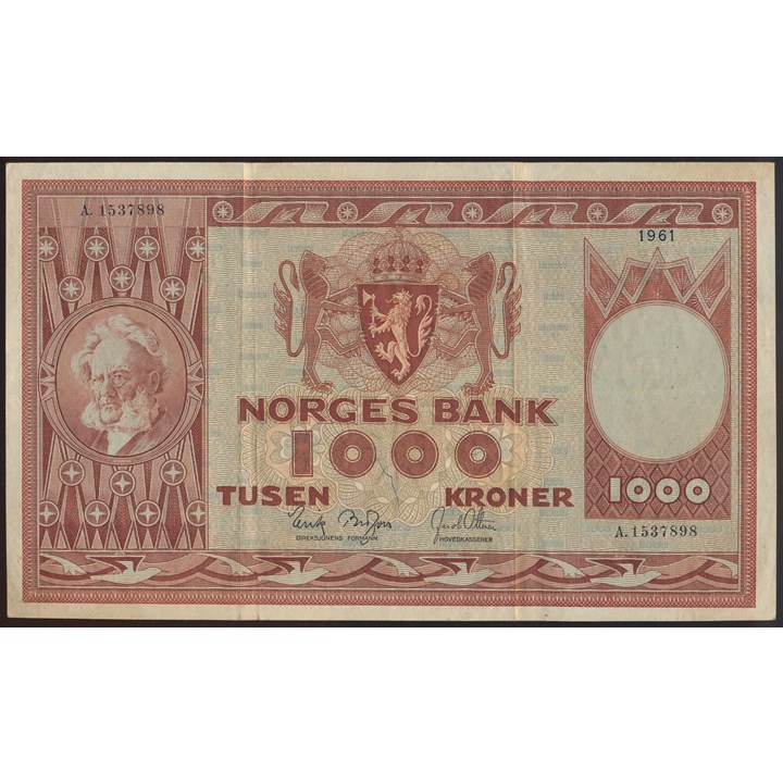 1000 Kroner 1961 A Kv 1/1+, mikrorift nedre marg