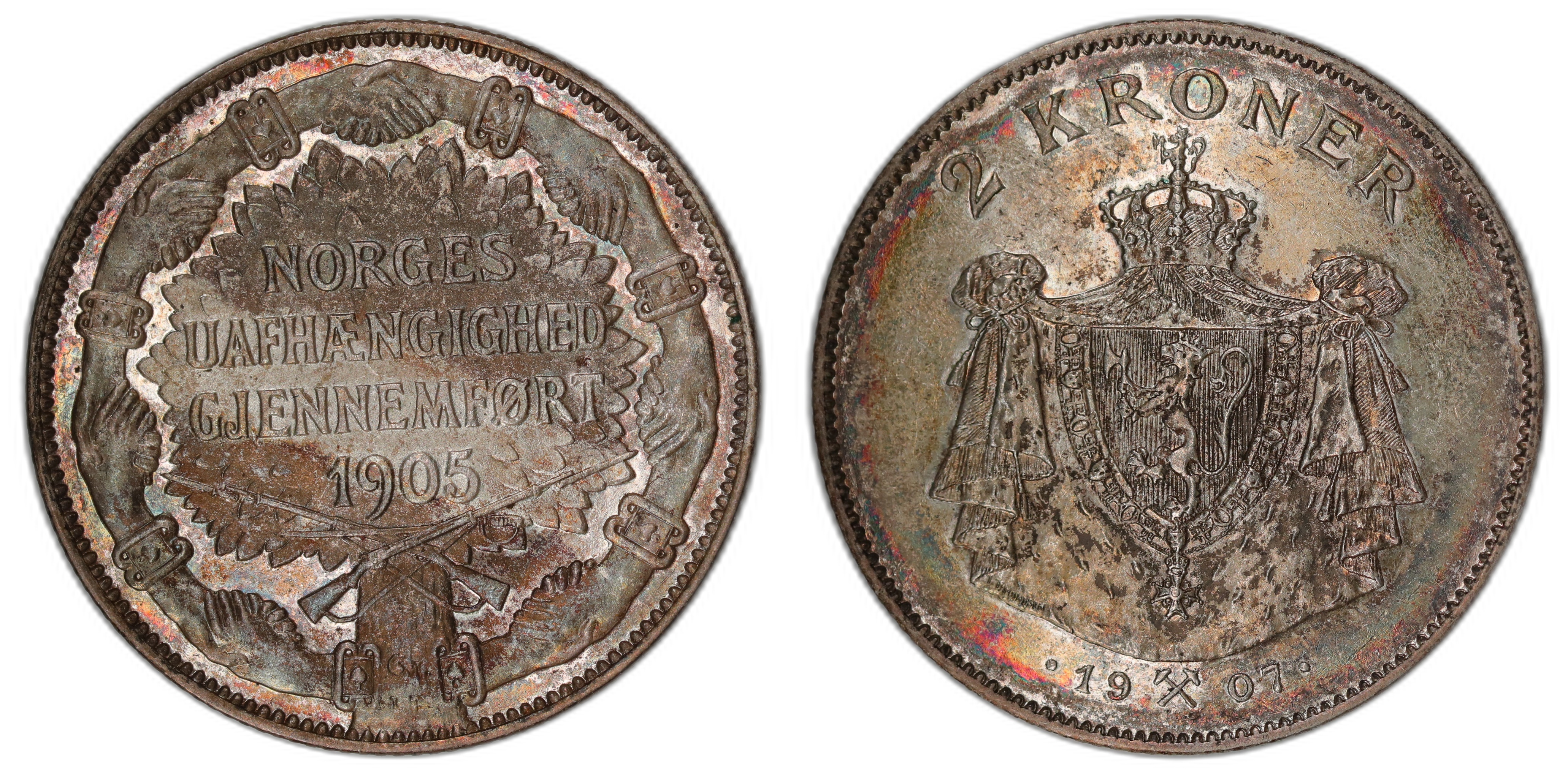 Norge 2 Kroner 1907 Gevær Kv 01