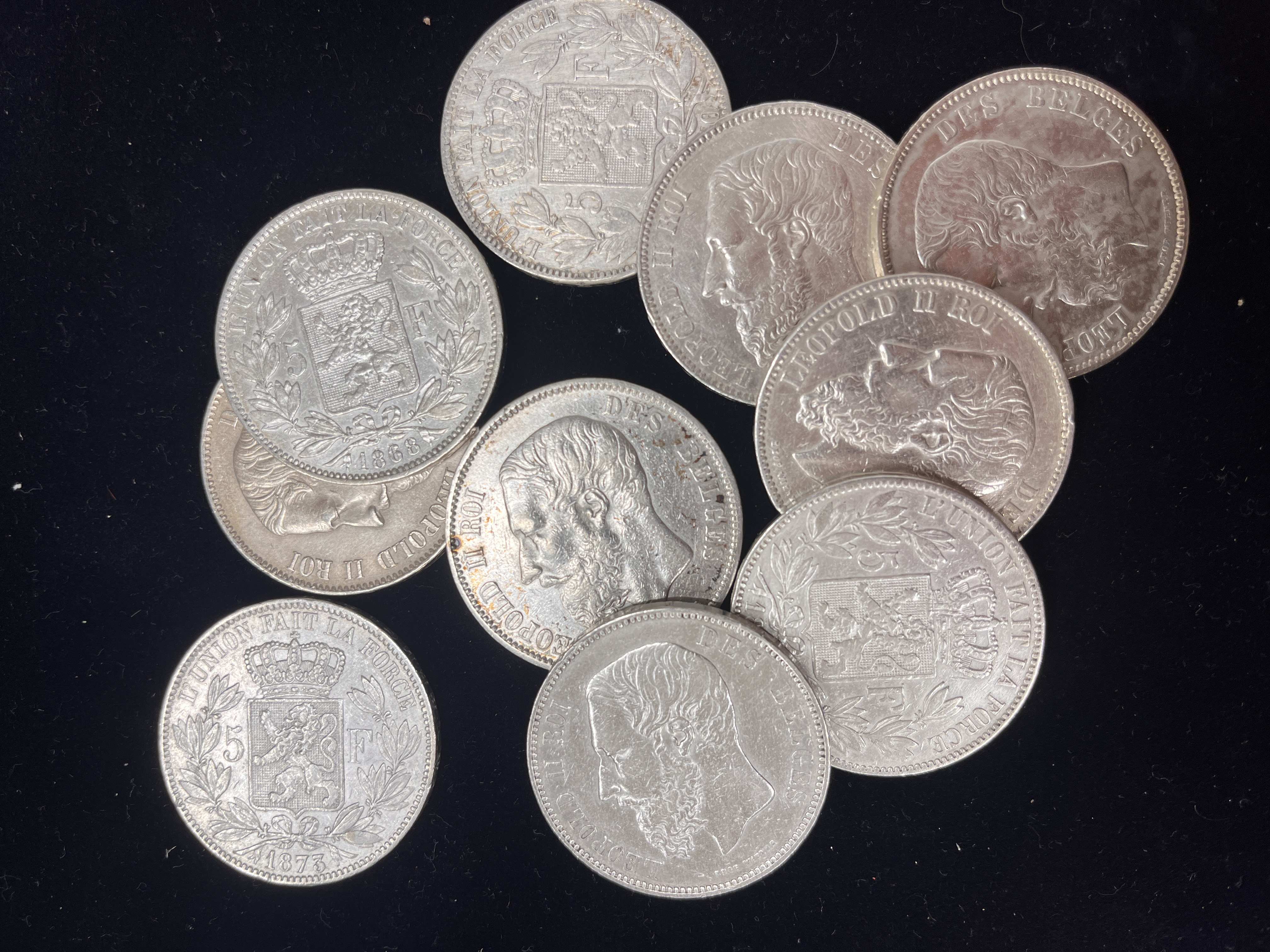 10 Stk. Belgia 5 Francs 1865-1878