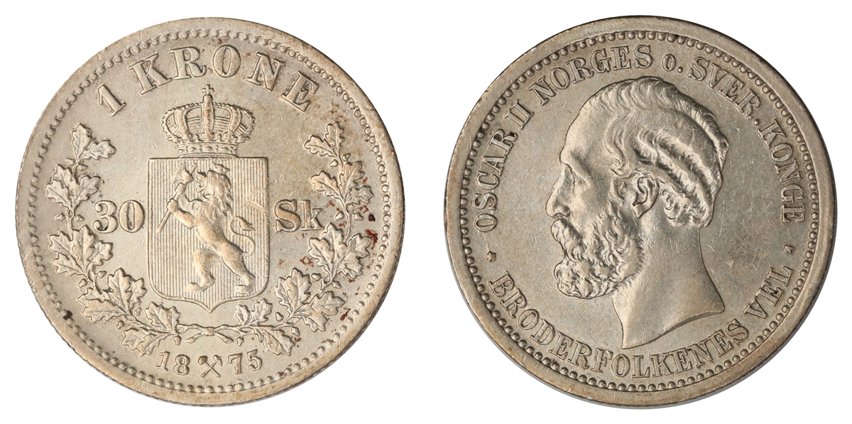 Norge 1 Krone 1875 Kv: 1+, Renset