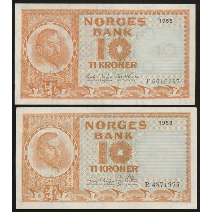 10 Kroner 1955 F og 1959 P Kv 1+/01