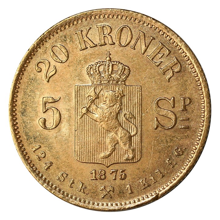 20 Kroner / 5 Sp. 1875 Kv 01, kantskade